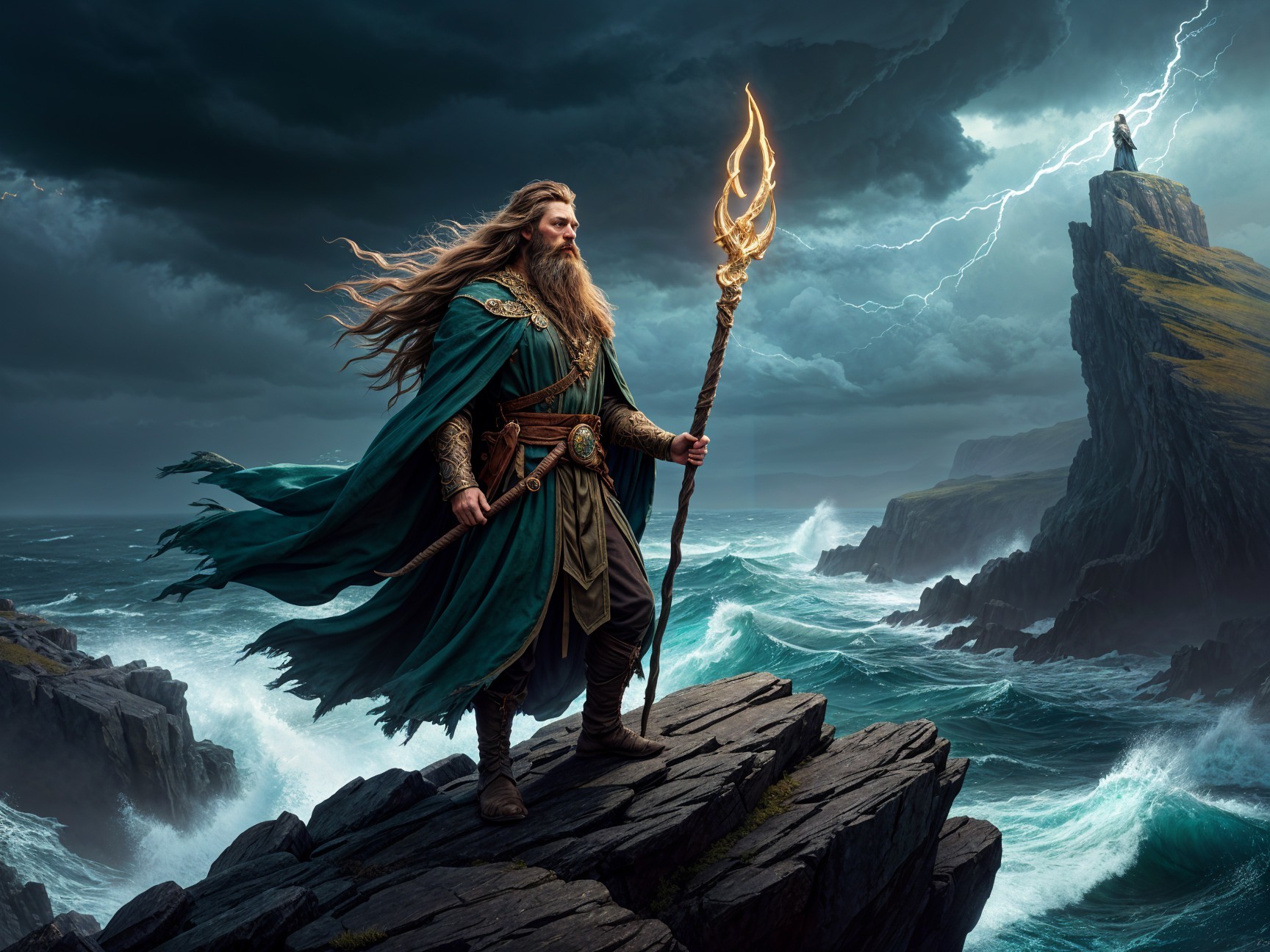 Mighty figure with trident on jagged cliffs and stormy seas