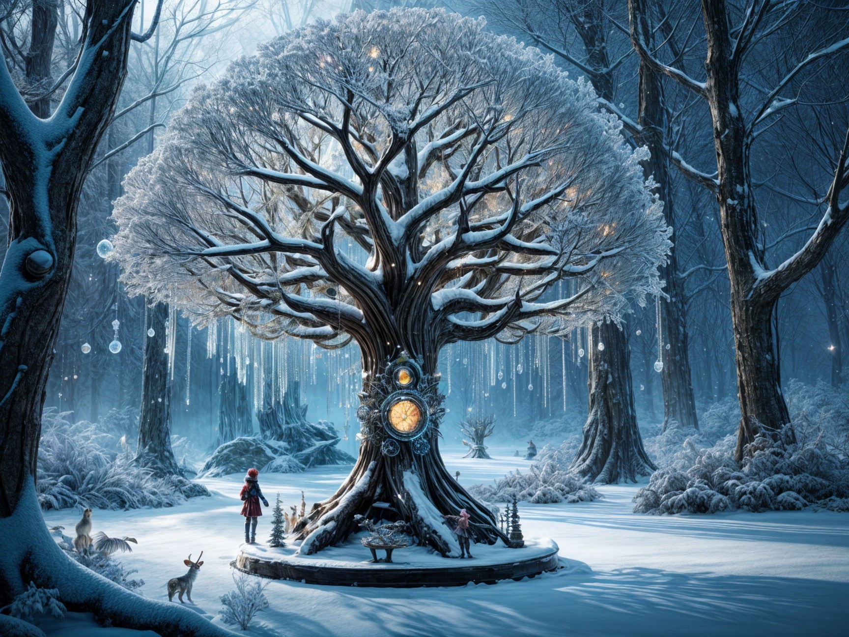 Snowy Landscape with Tree, Lights, and Woodland Creatures