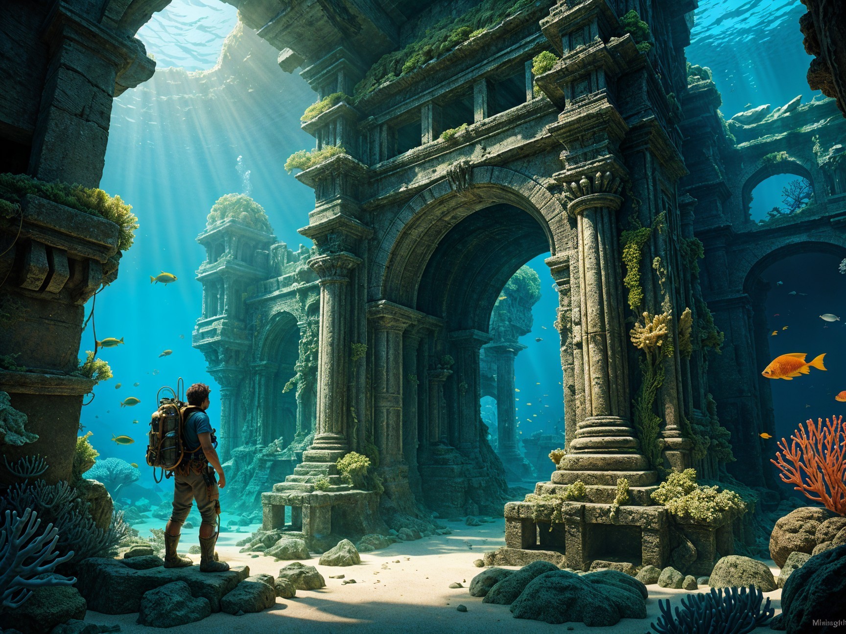 Ancient Underwater Ruins Surrounded by Coral and Fish