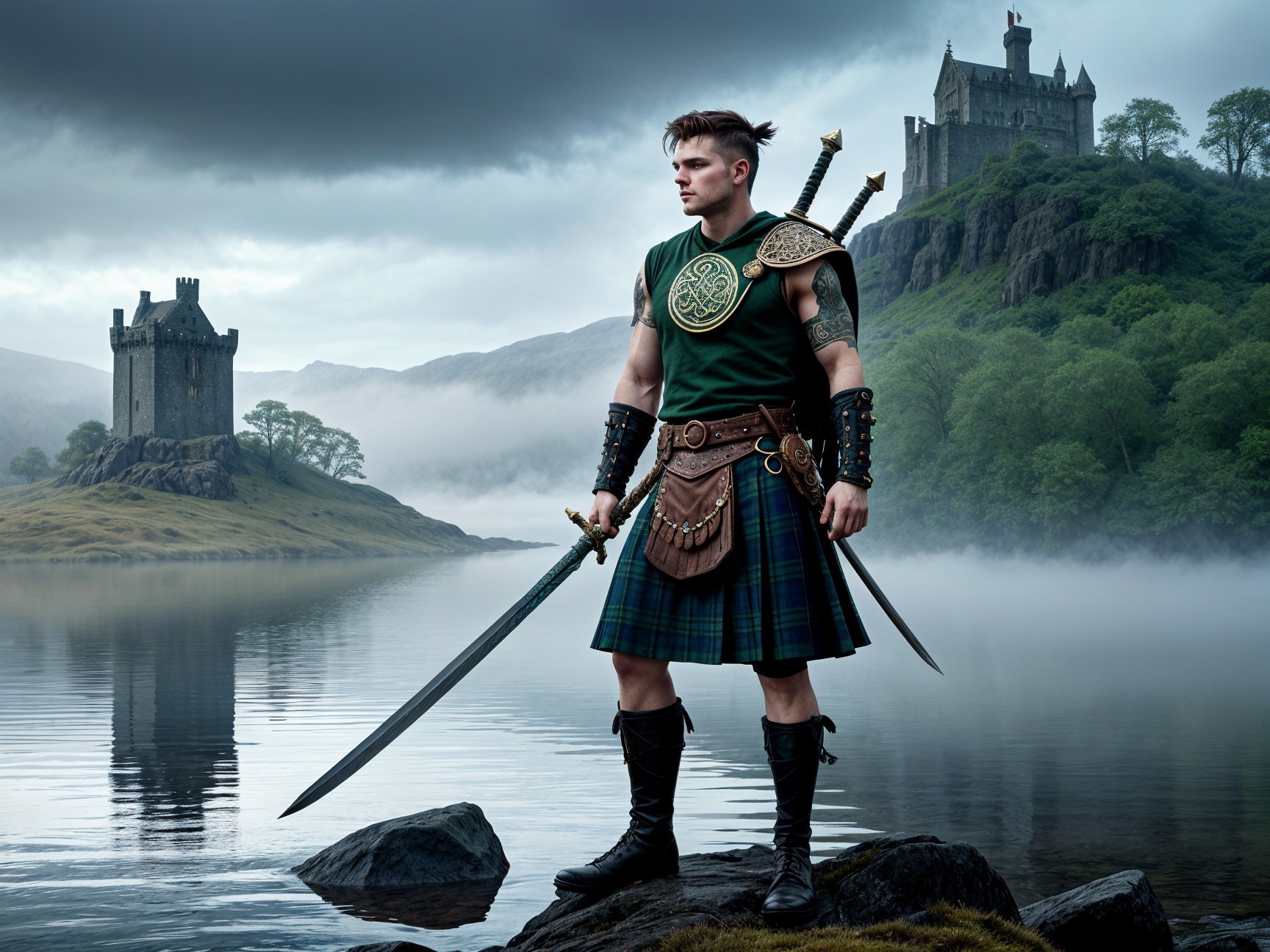 Warrior in Green Tunic on Rocky Shore with Castle