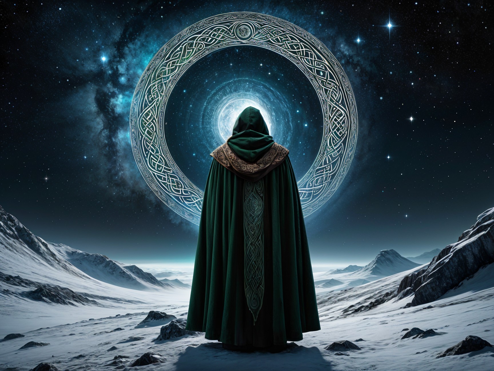 Cloaked Figure in Snowy Landscape with Cosmic Scene