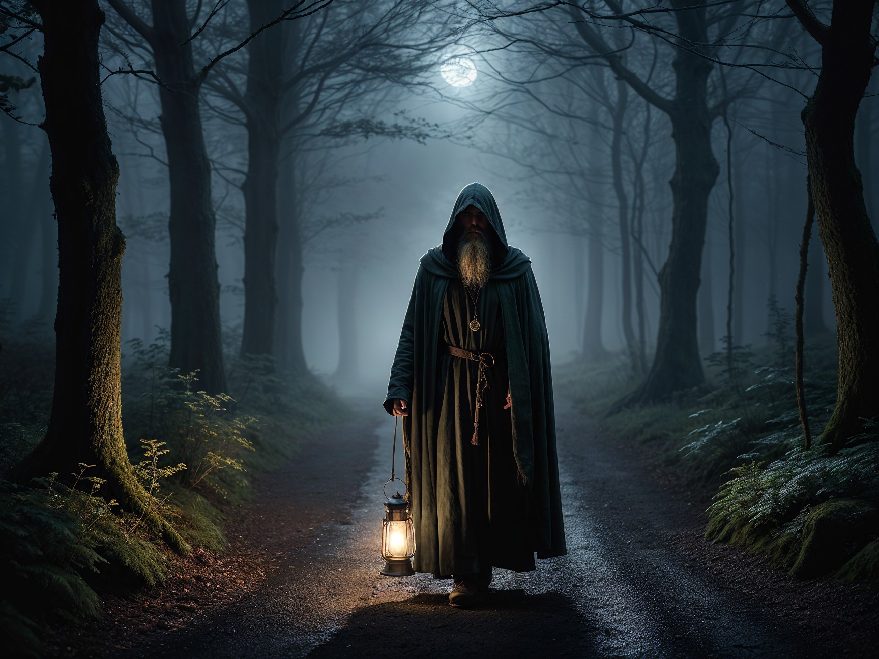 Cloaked Figure Walking a Misty Forest Path at Night