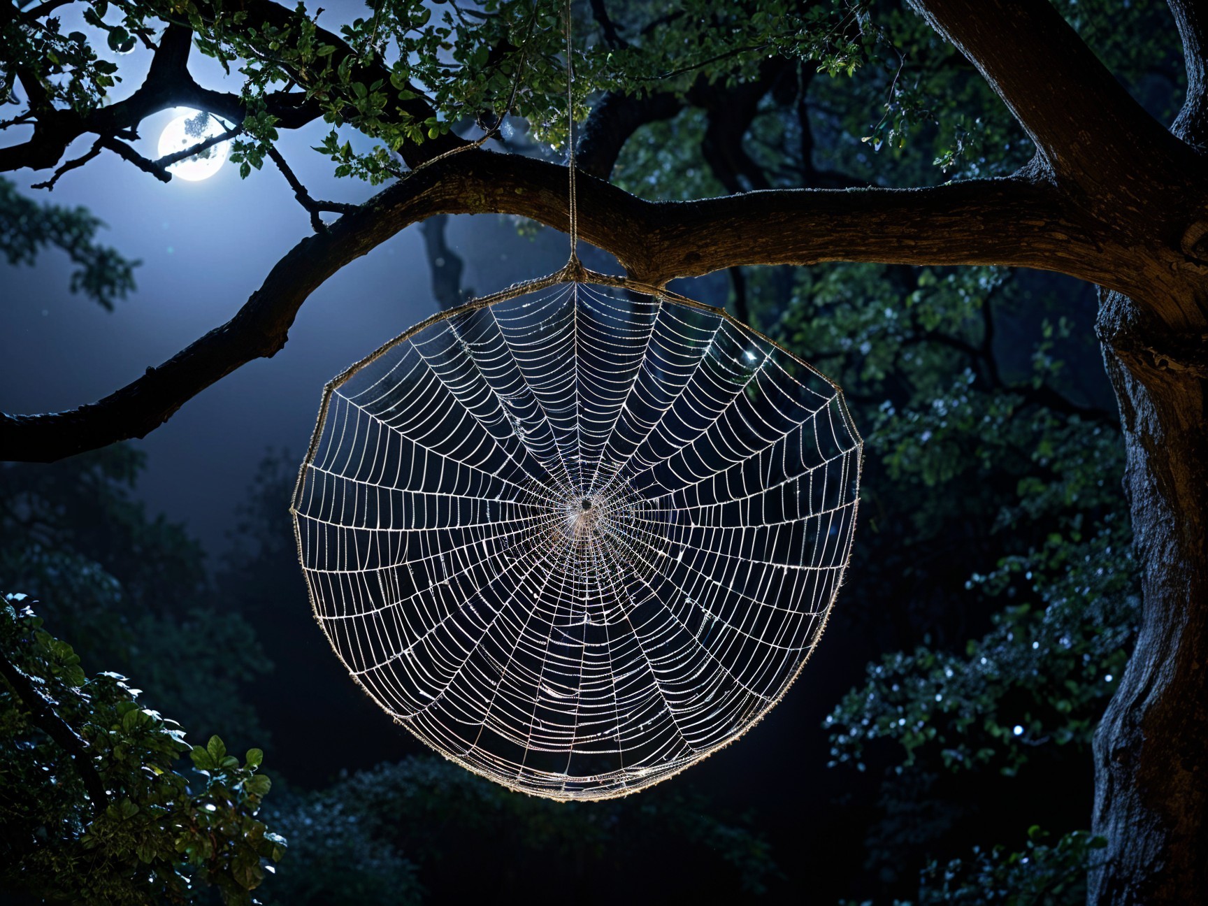 Intricate Spiderweb Illuminated by Moonlight in Forest