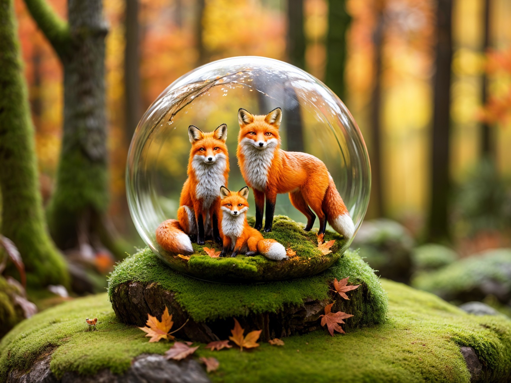Fox Family in Glass Dome Surrounded by Autumn Foliage