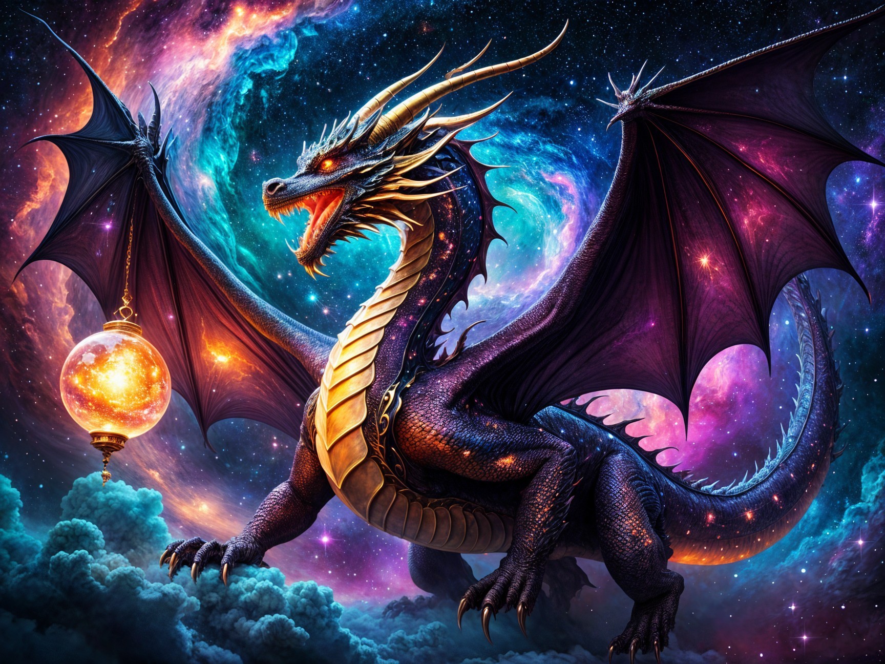 Majestic dragon on cloud with cosmic backdrop