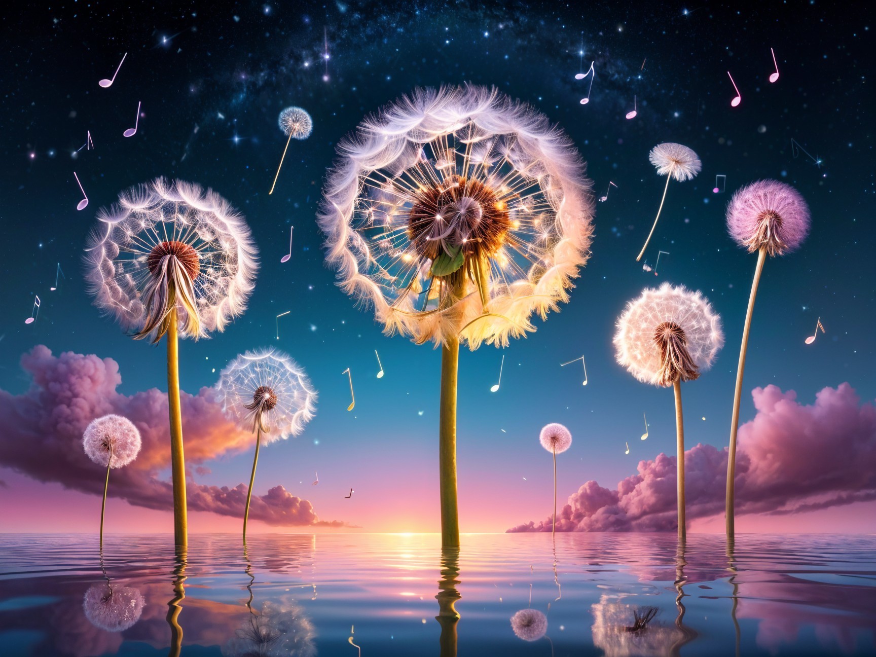 Whimsical Landscape with Giant Dandelions at Sunset
