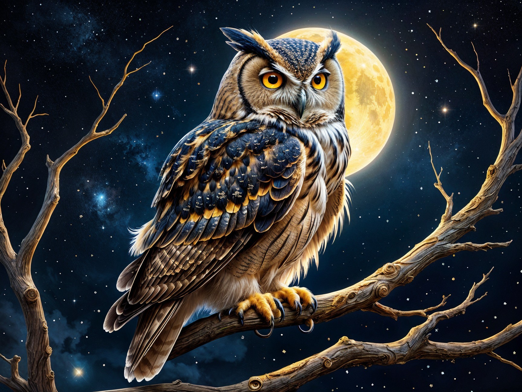 Majestic owl on a branch under a starry night sky