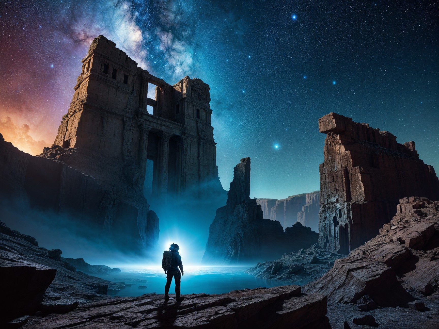 Astronaut in Ancient Ruins by a Shimmering Lake
