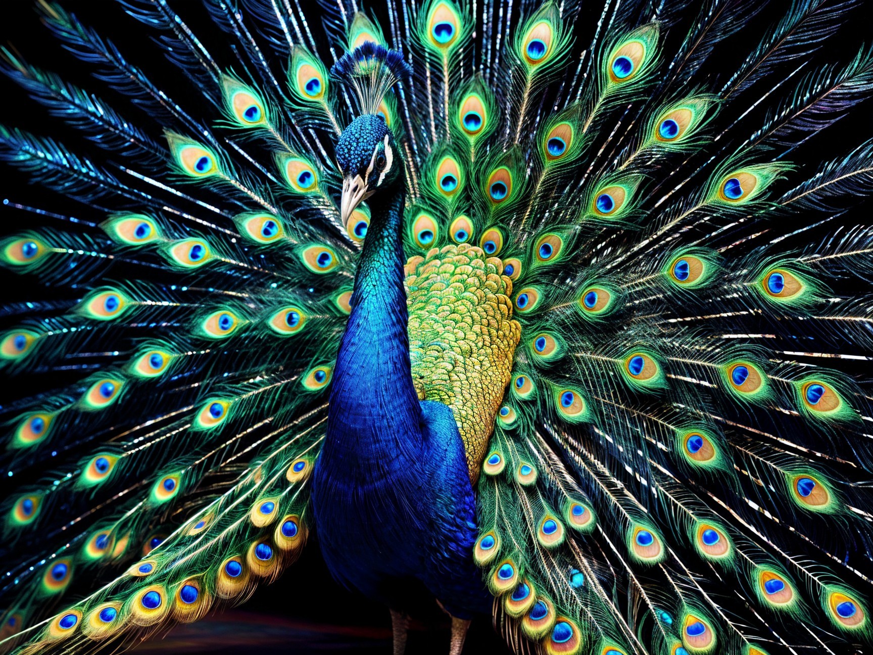 Peacock Displays Vibrant Iridescent Plumage and Tail