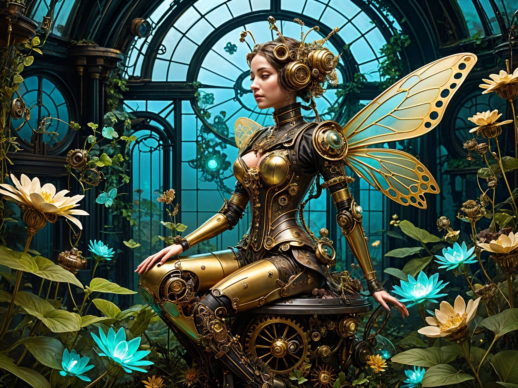 Steampunk Figure Among Vibrant Flora and Architecture