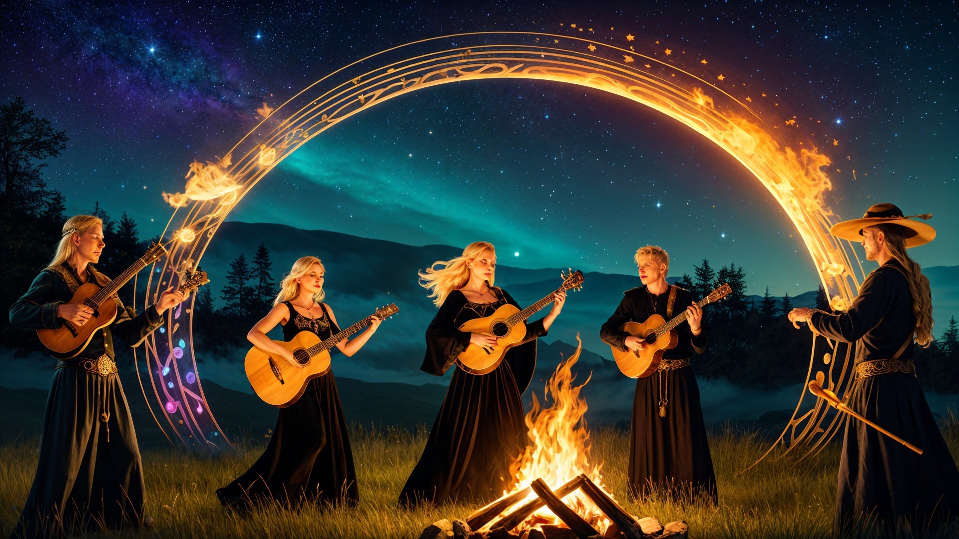 Musicians in Black Robes by a Glowing Campfire