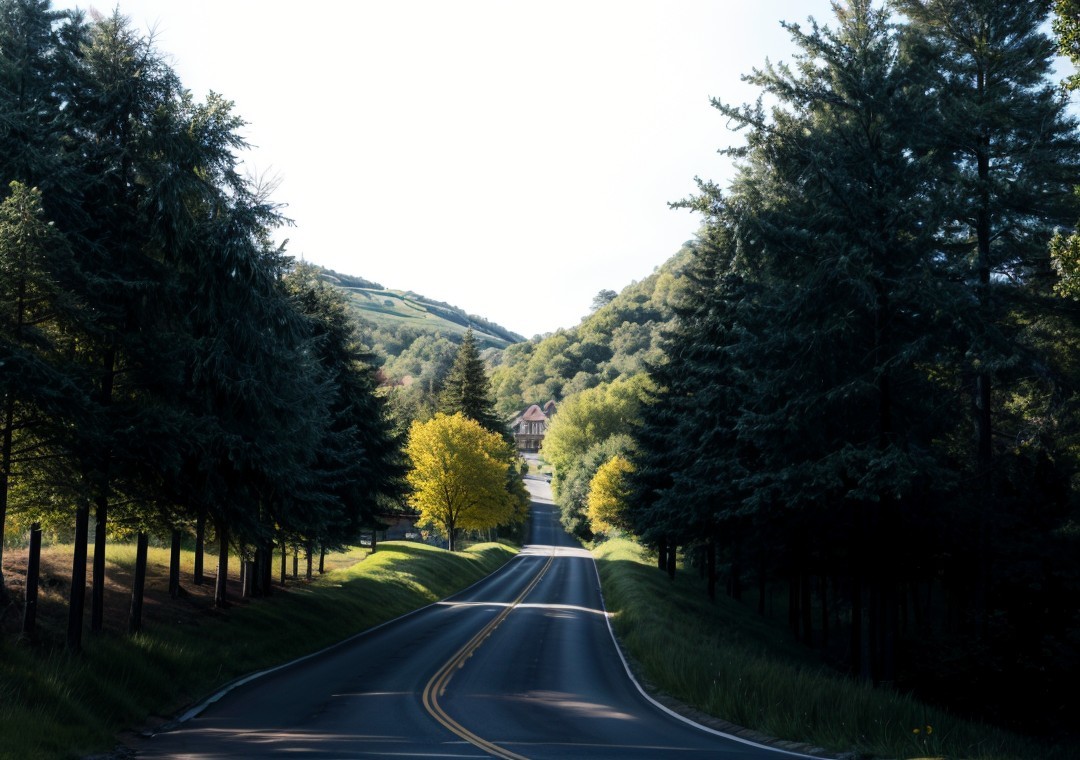 Winding Road Surrounded by Lush Pine Trees and House