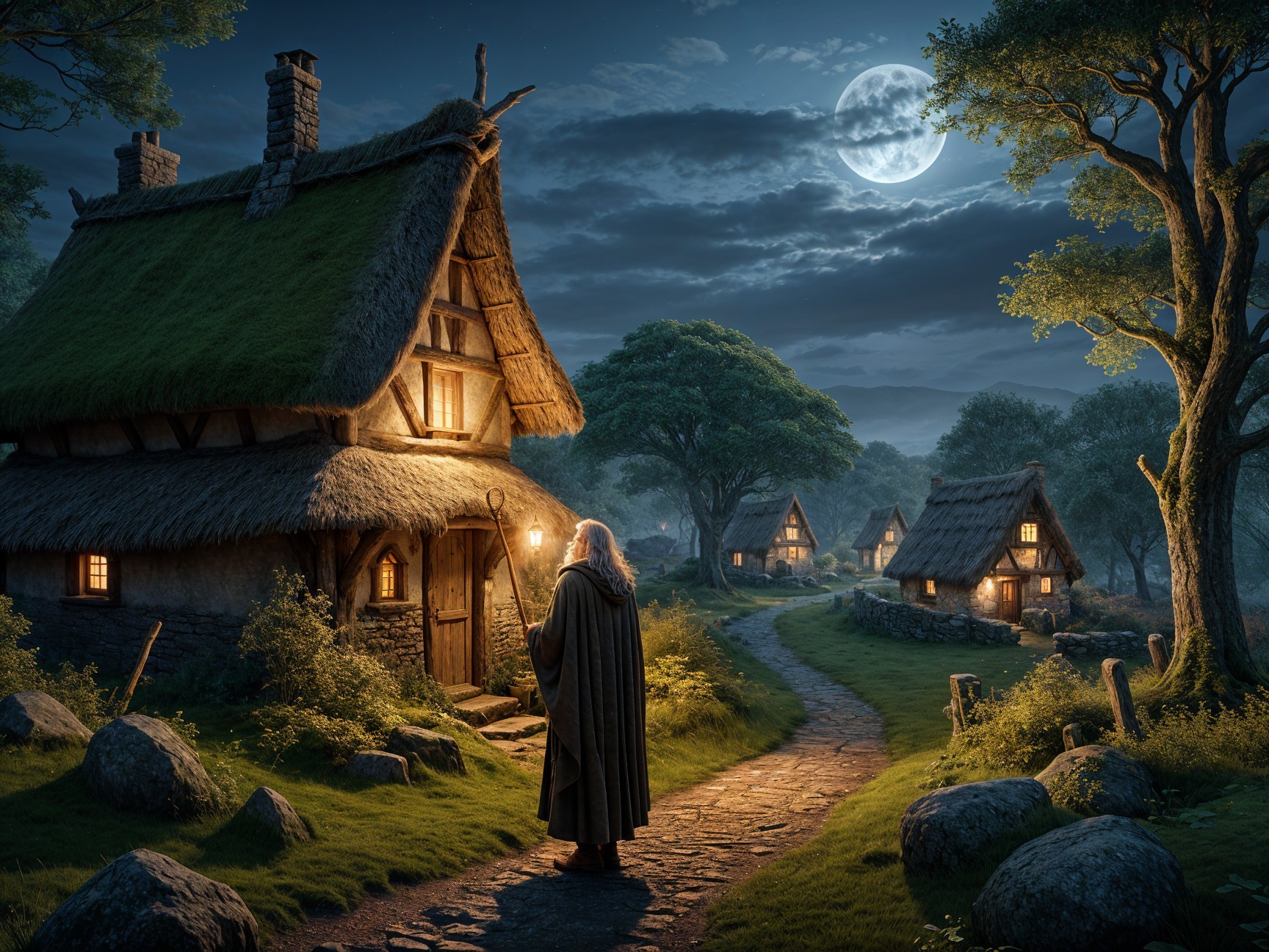 Cloaked Figure with Lantern on Moonlit Pathway