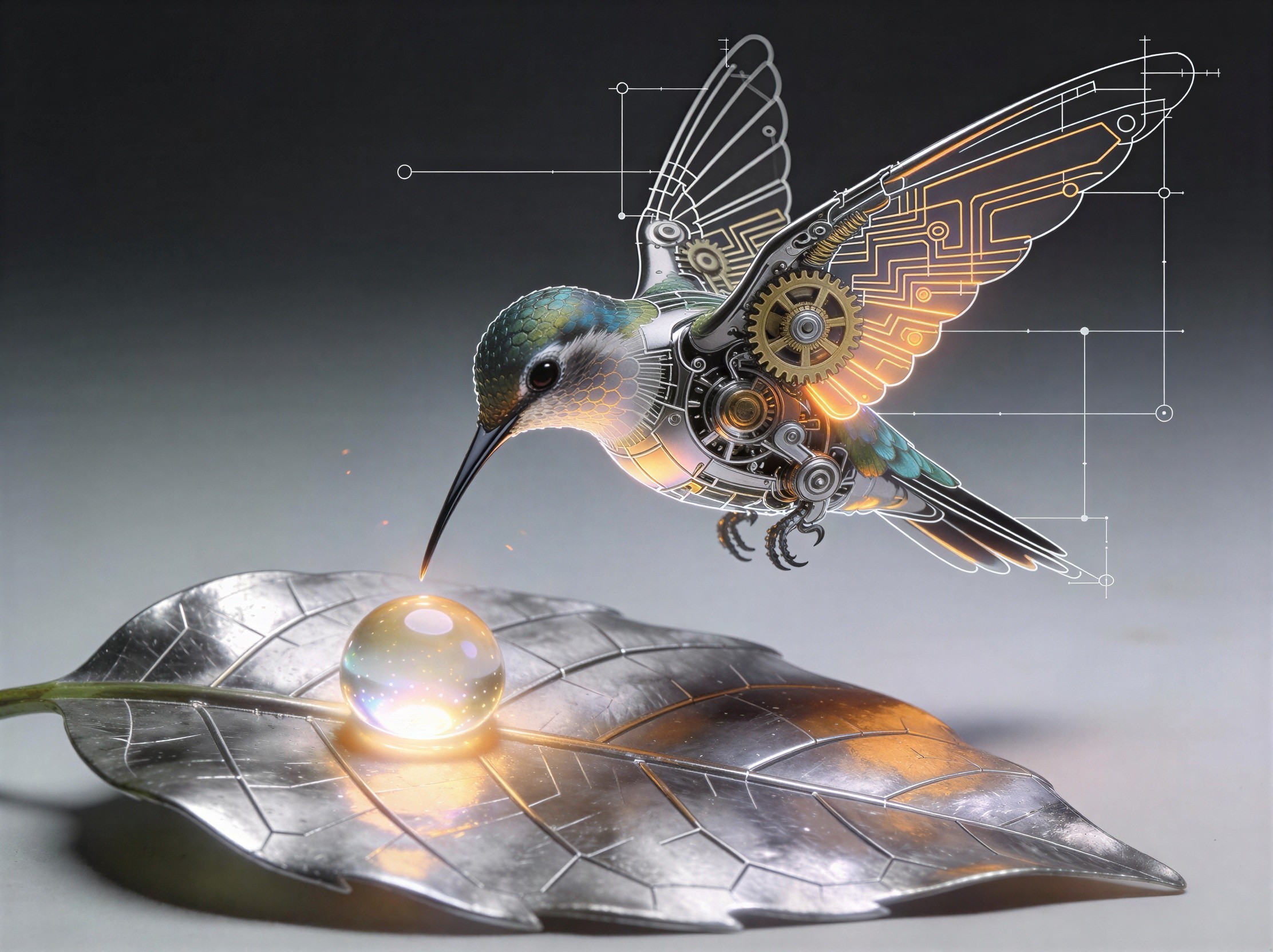 Steampunk Hummingbird with Mechanical Features and Orb