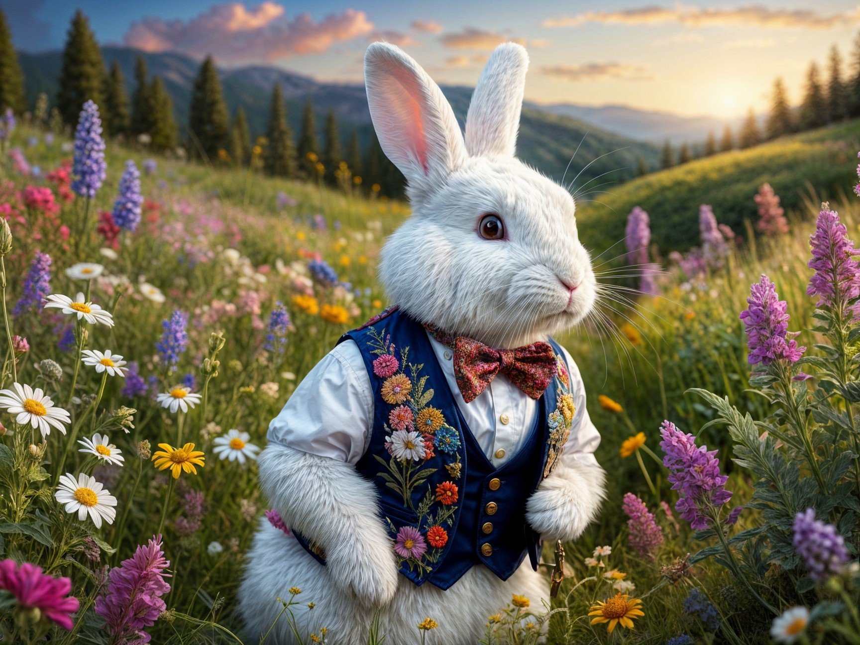 Dapper Rabbit in Floral Vest in Vibrant Meadow at Sunset