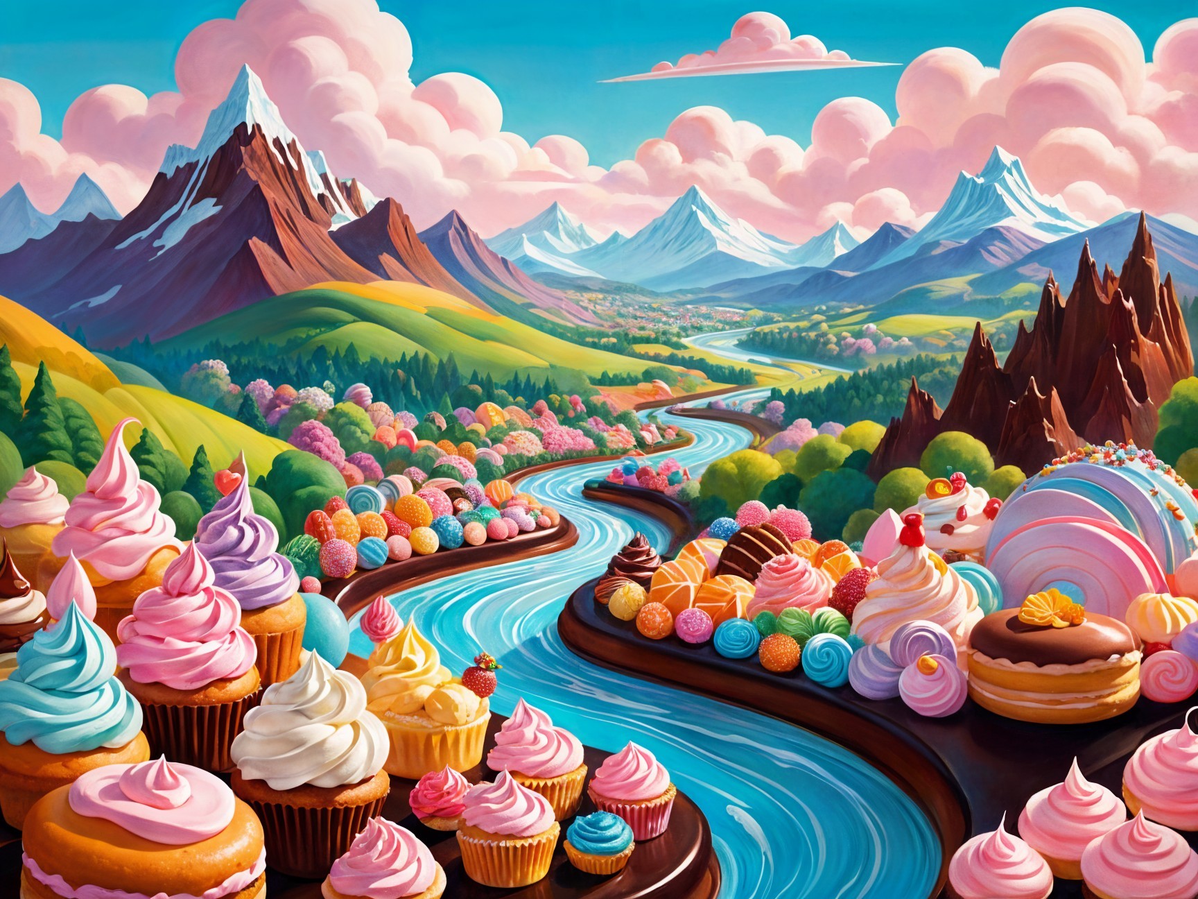 Whimsical landscape with vibrant mountains and desserts