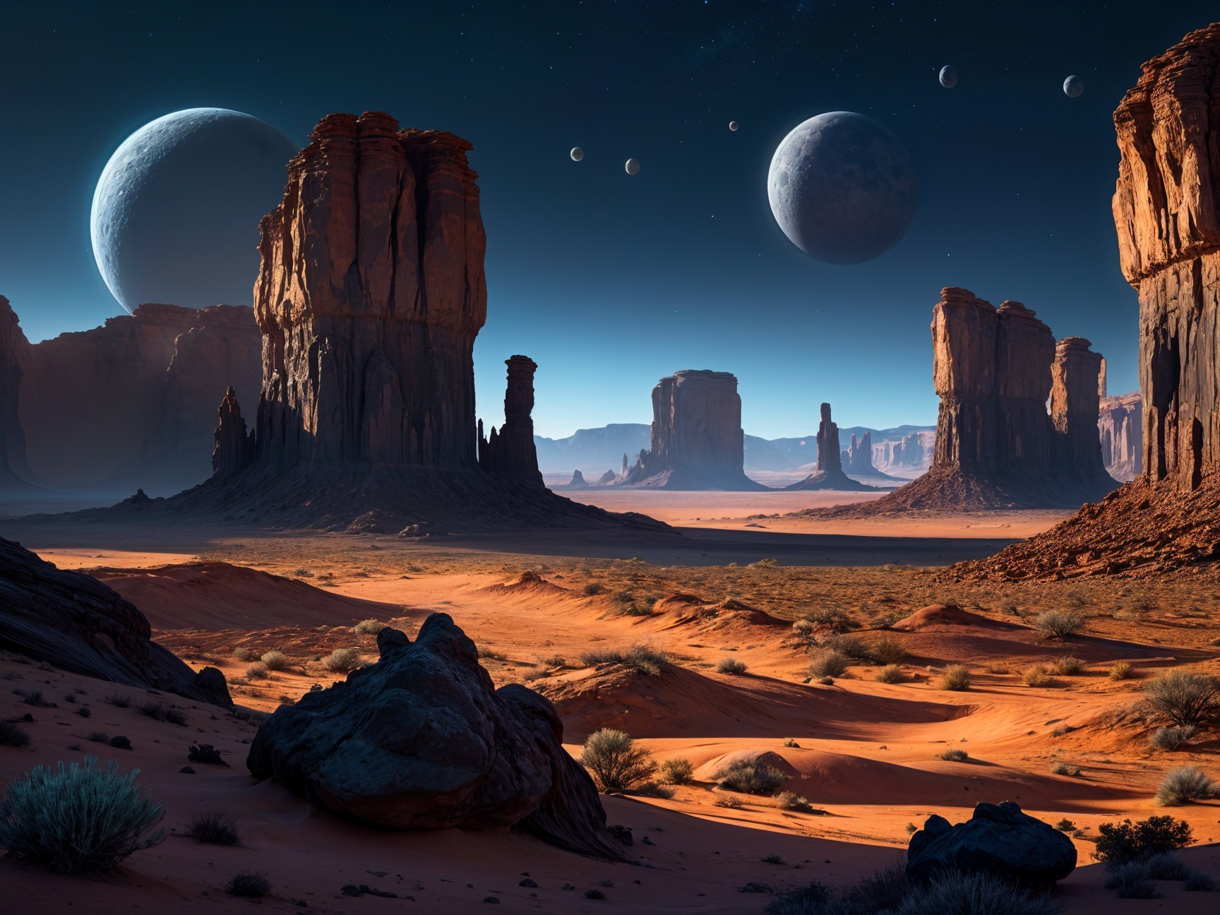 Surreal Desert Landscape with Celestial Bodies