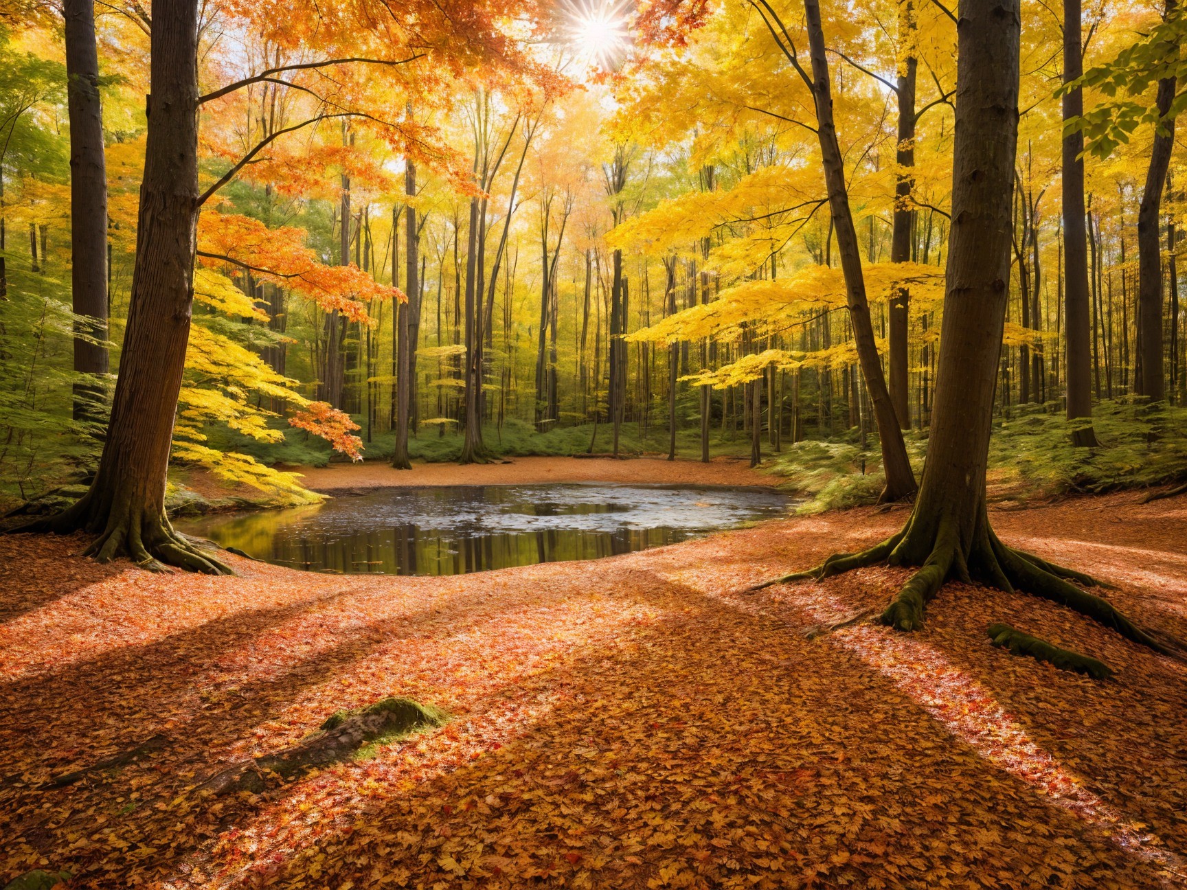Autumn Forest Scene with Colorful Foliage and Pond