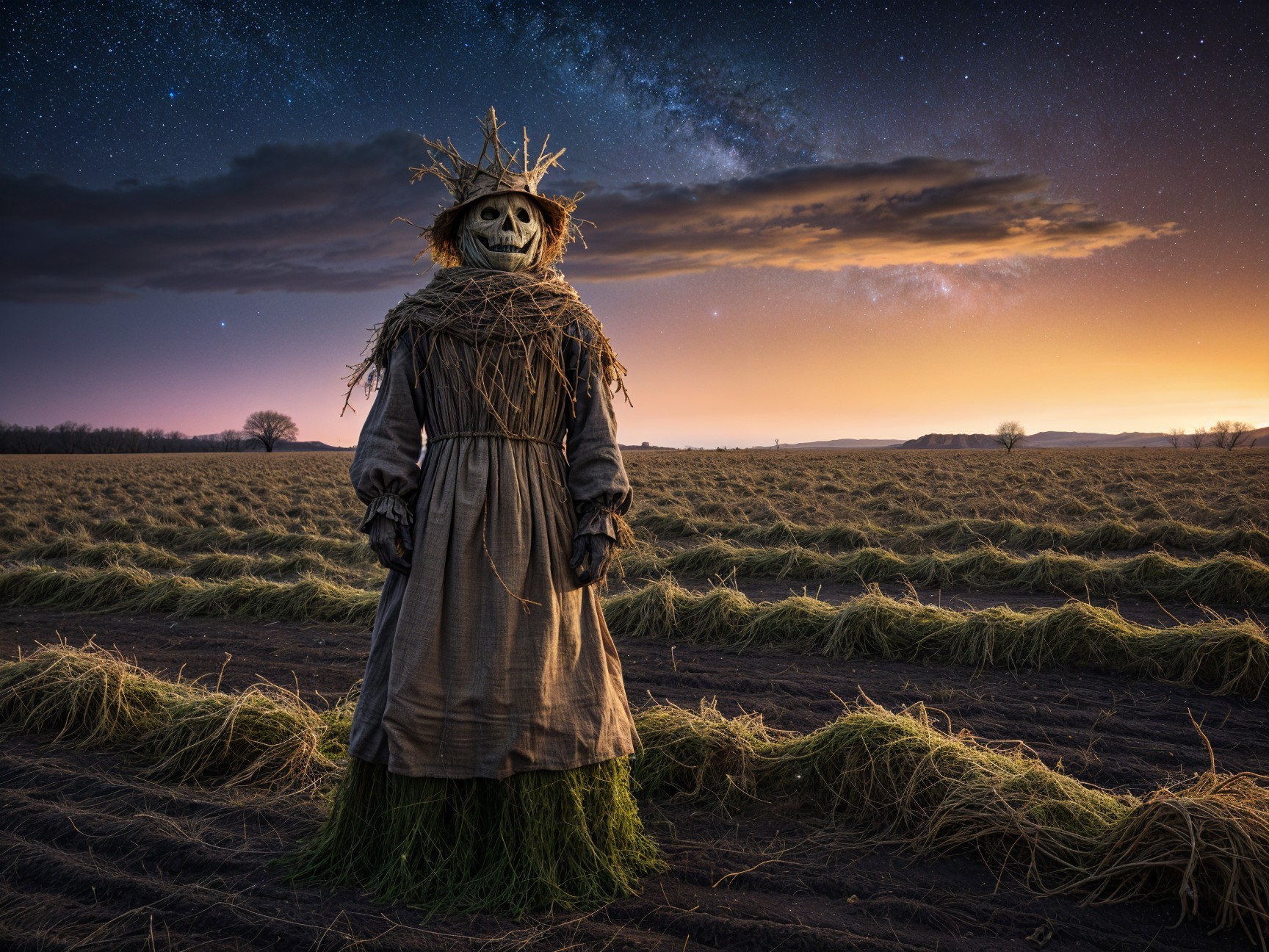 Solitary Scarecrow in a Starry Night Field