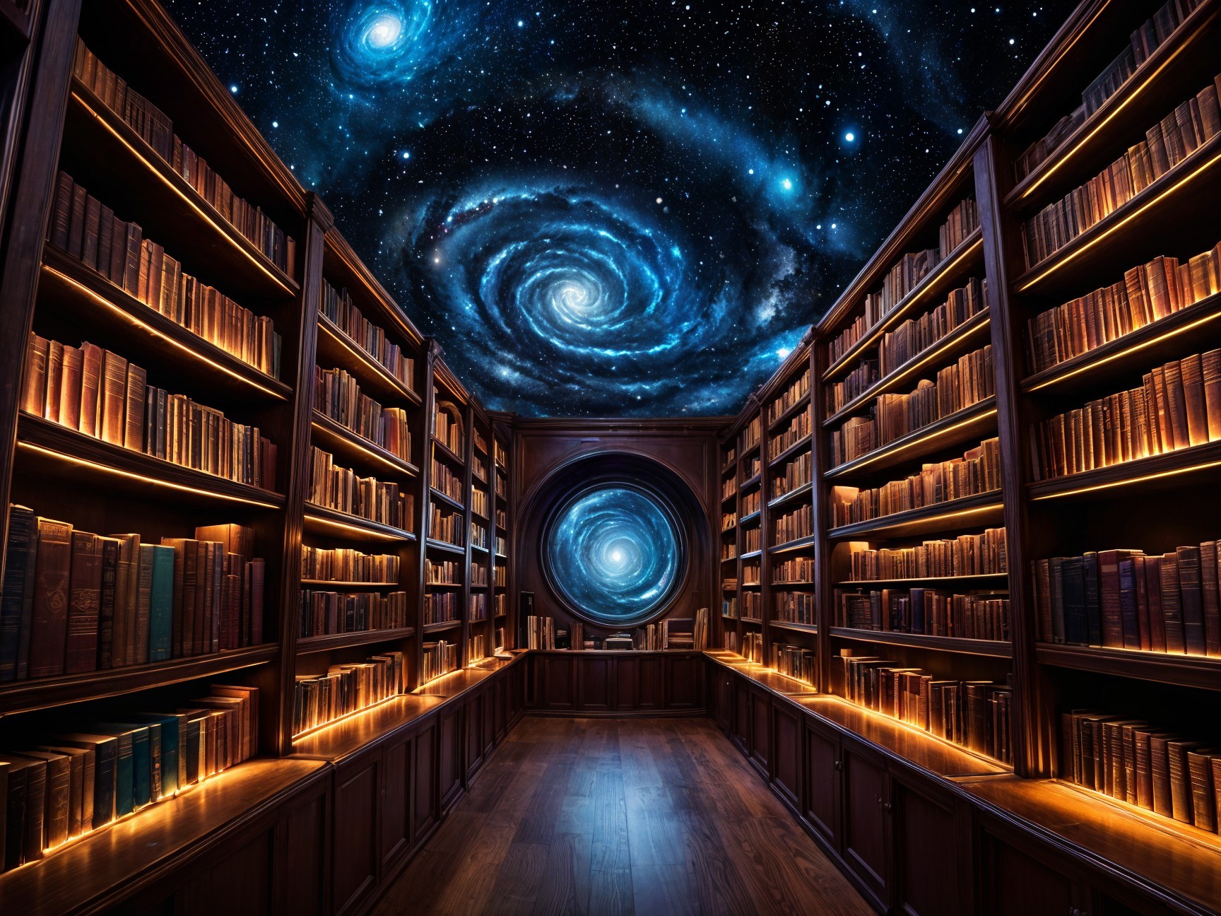 Library with Wooden Shelves and Cosmic Mural