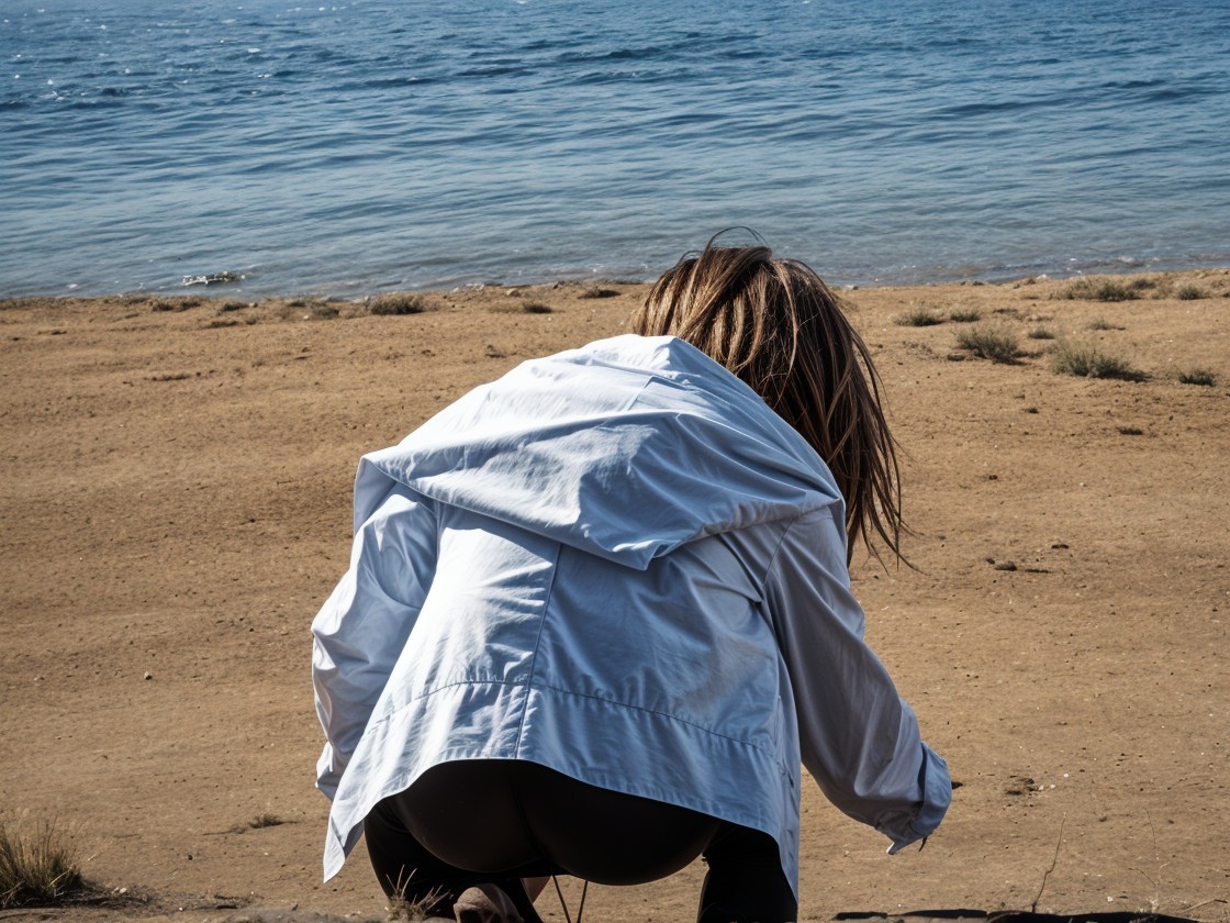 Person with long hair at a tranquil shoreline scene