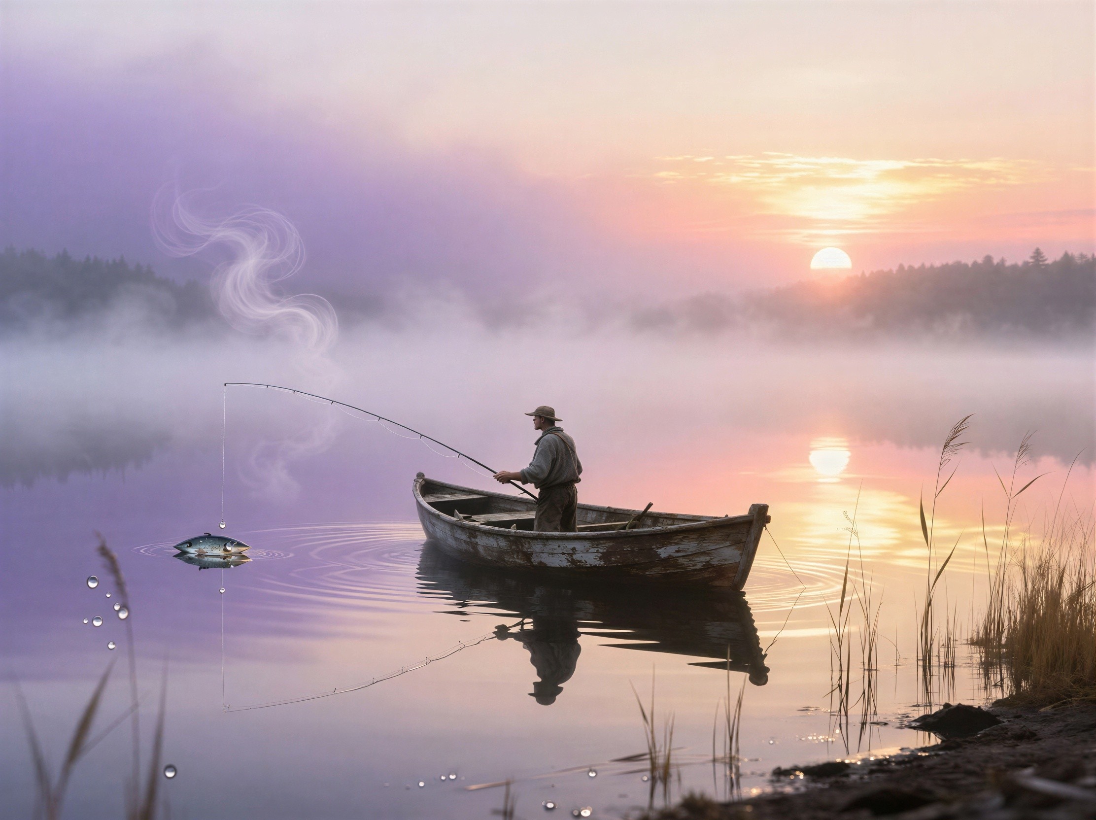 Old Fisherman in Rustic Boat on Misty Sunrise Lake