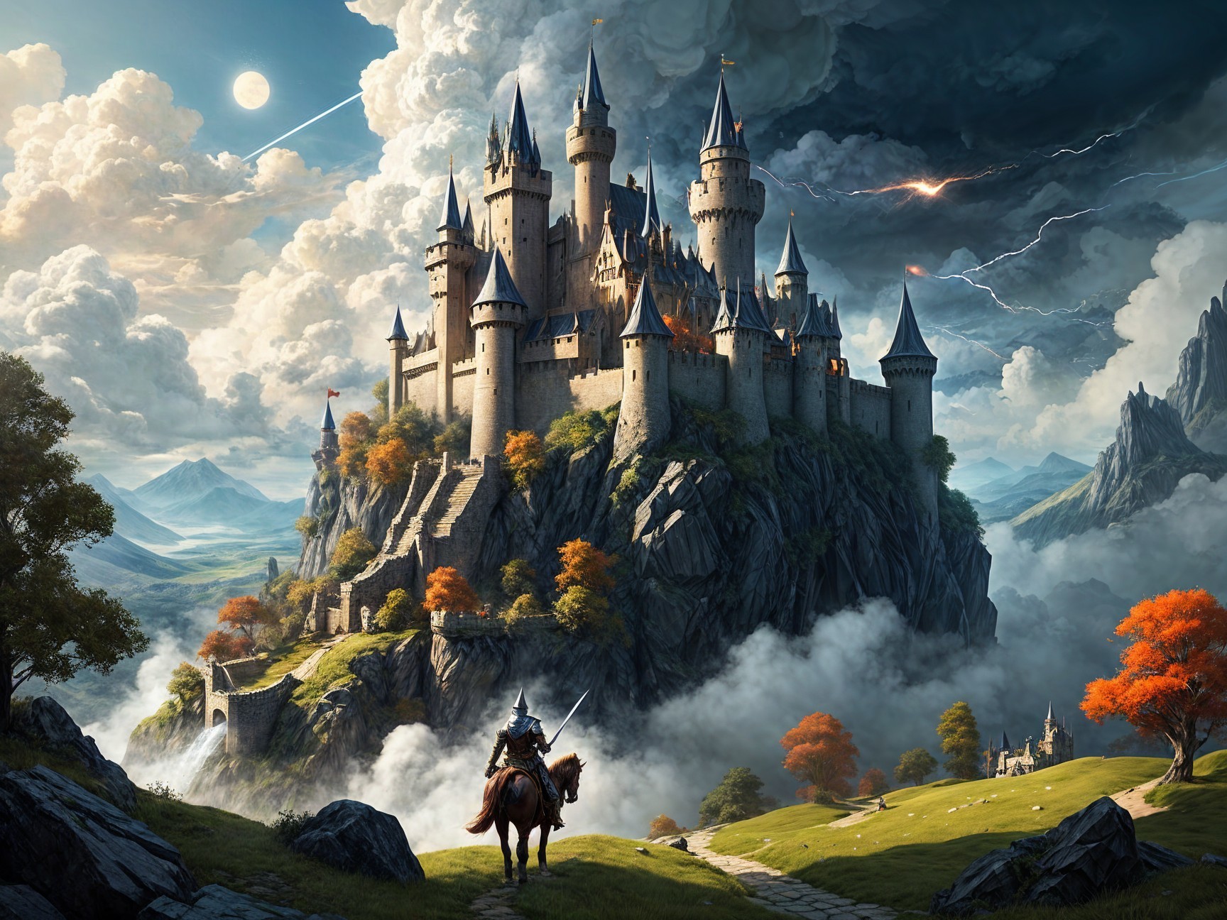 Majestic Castle on Mountain with Dramatic Clouds