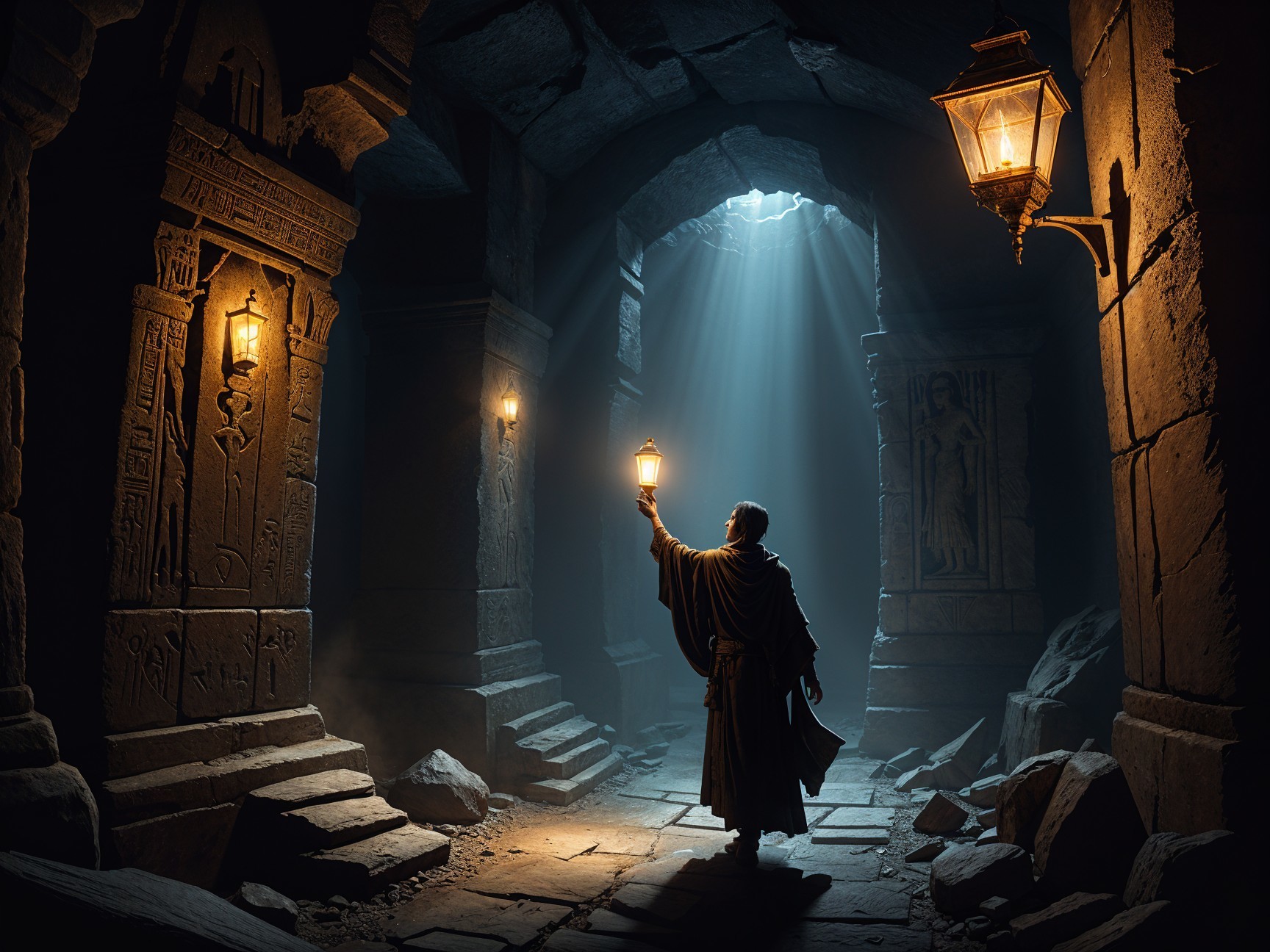 Cloaked Figure in Ancient Cavern with Hieroglyphs