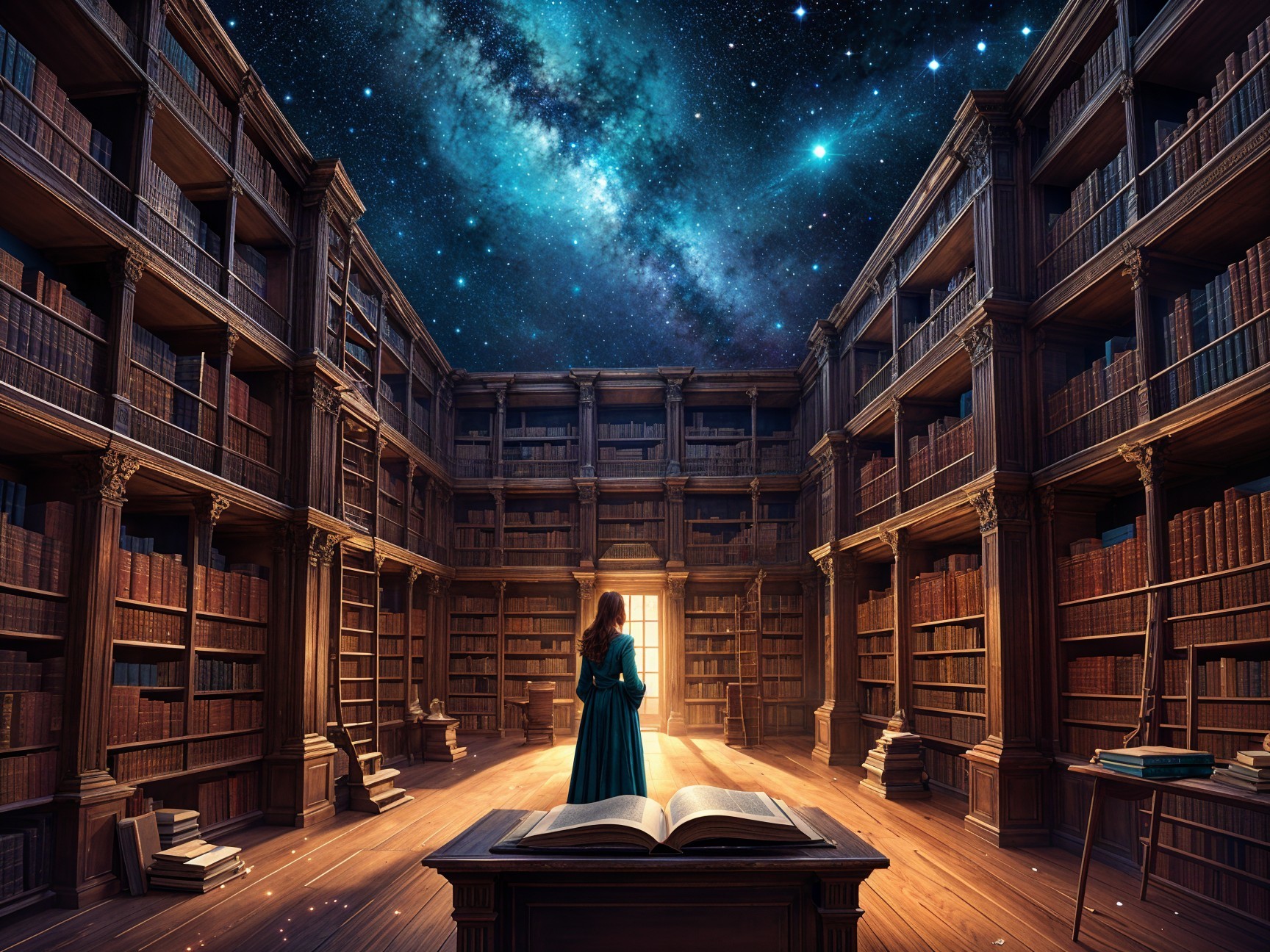 Dimly Lit Library with Cosmic Doorway View