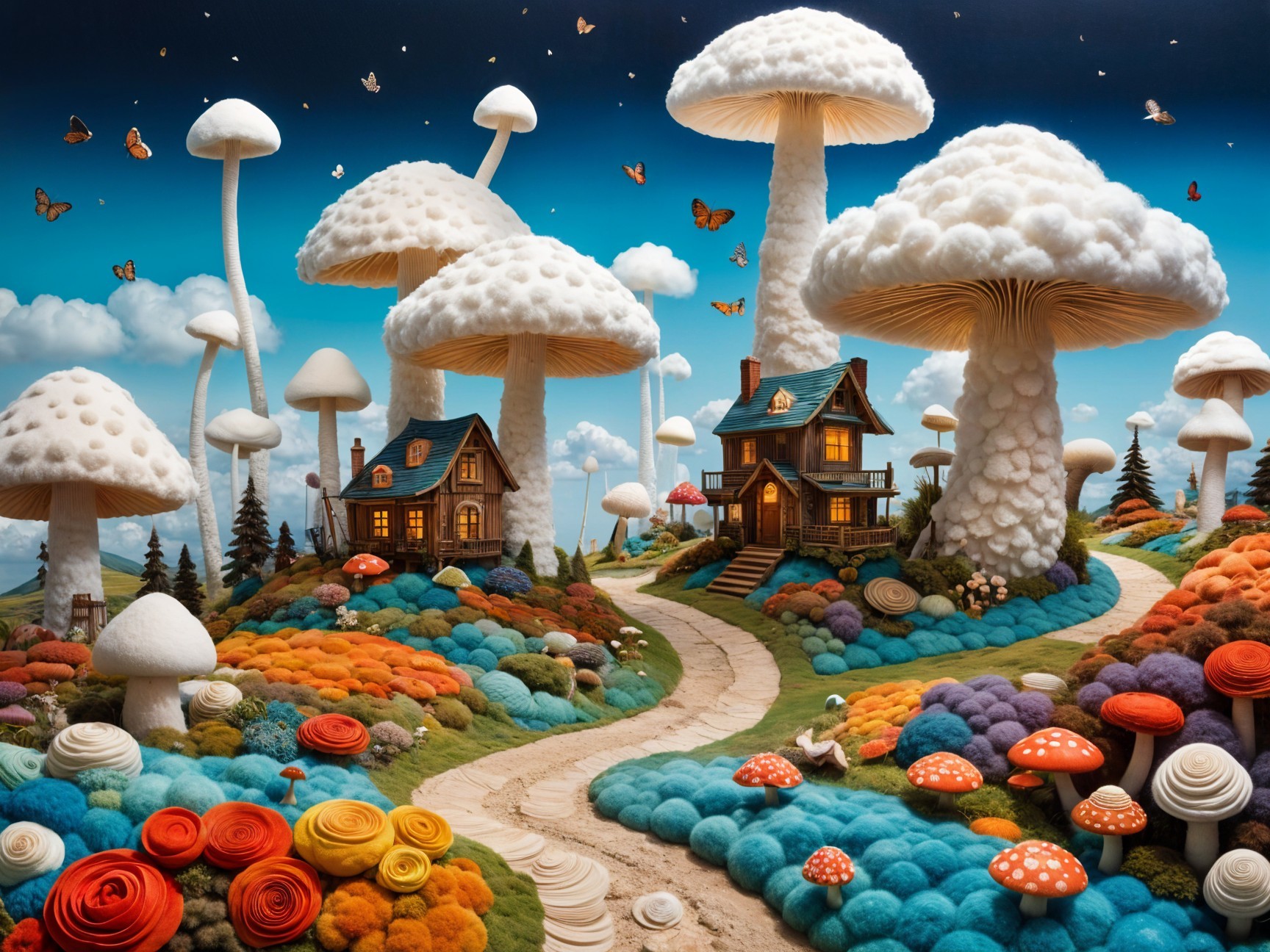 Whimsical Landscape with Oversized Mushrooms and Houses