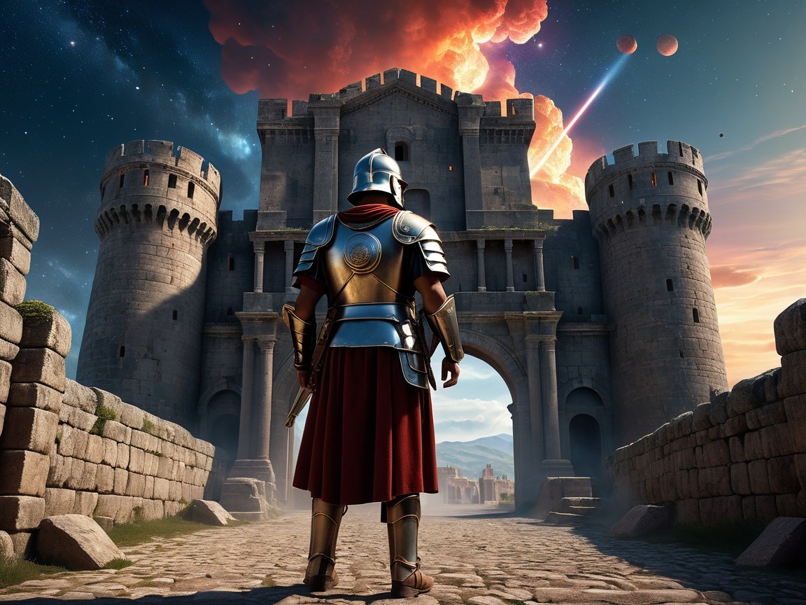 Armored Warrior at Ancient Castle Under Cosmic Sky