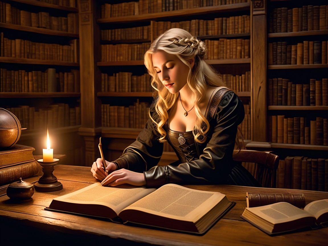 Young Woman Writing in Dimly Lit Library Setting