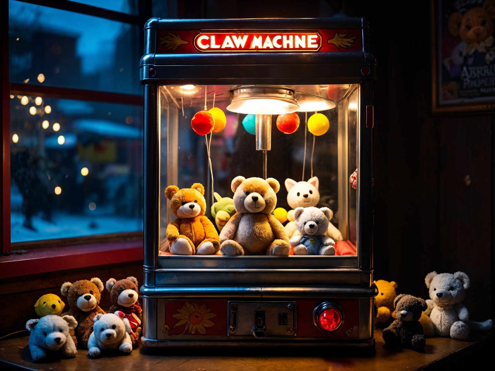 Colorful Claw Machine with Plush Teddy Bears Display