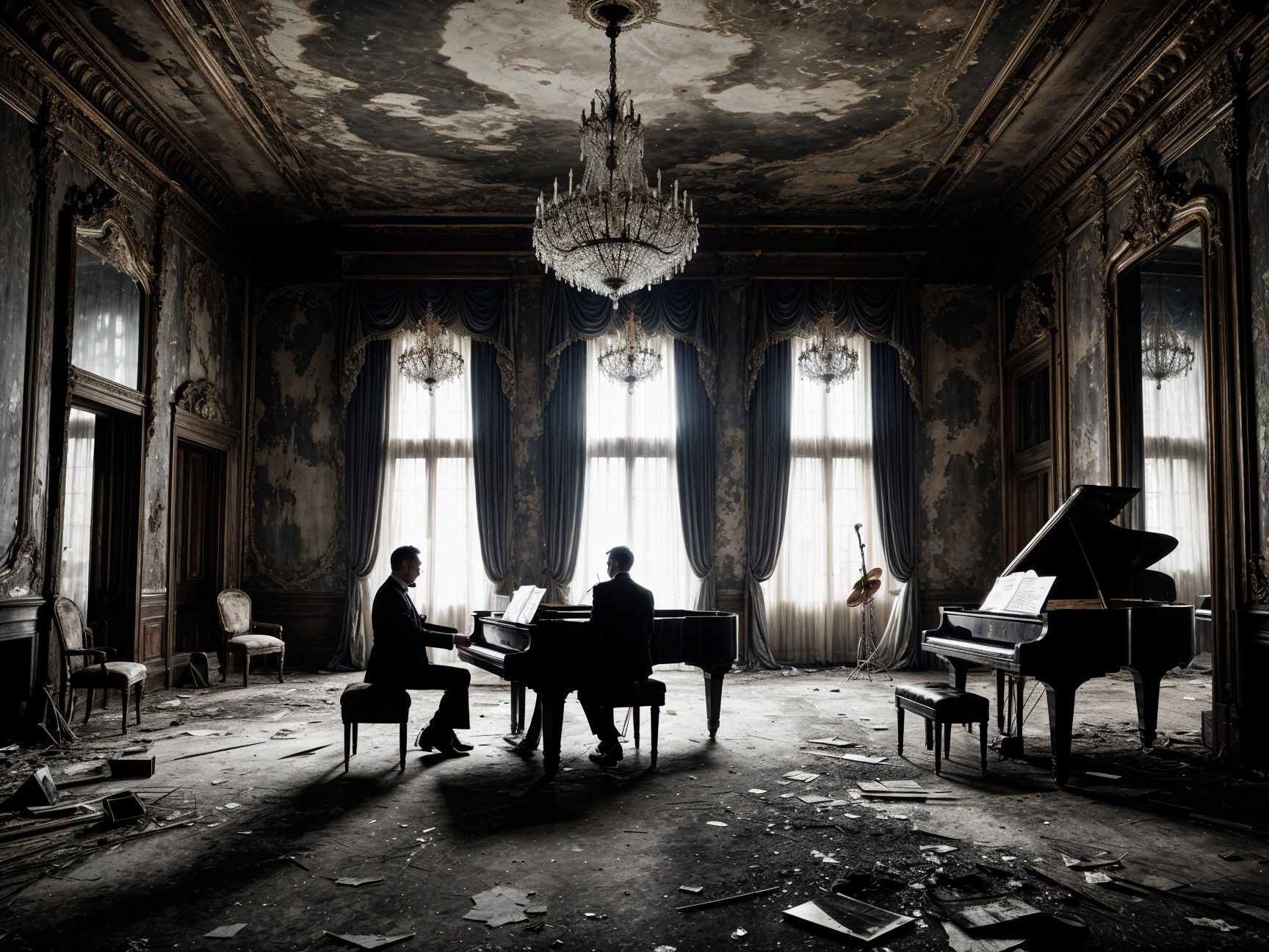 Musicians Performing in a Decaying Grand Room
