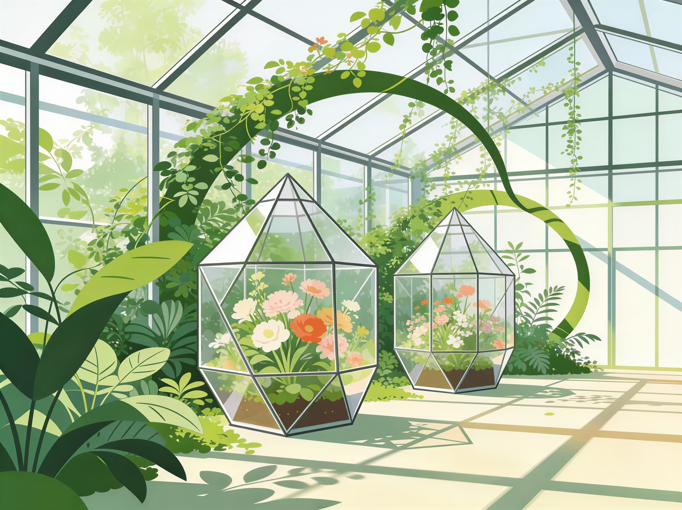 Bright Greenhouse with Glass Ceiling and Lush Foliage