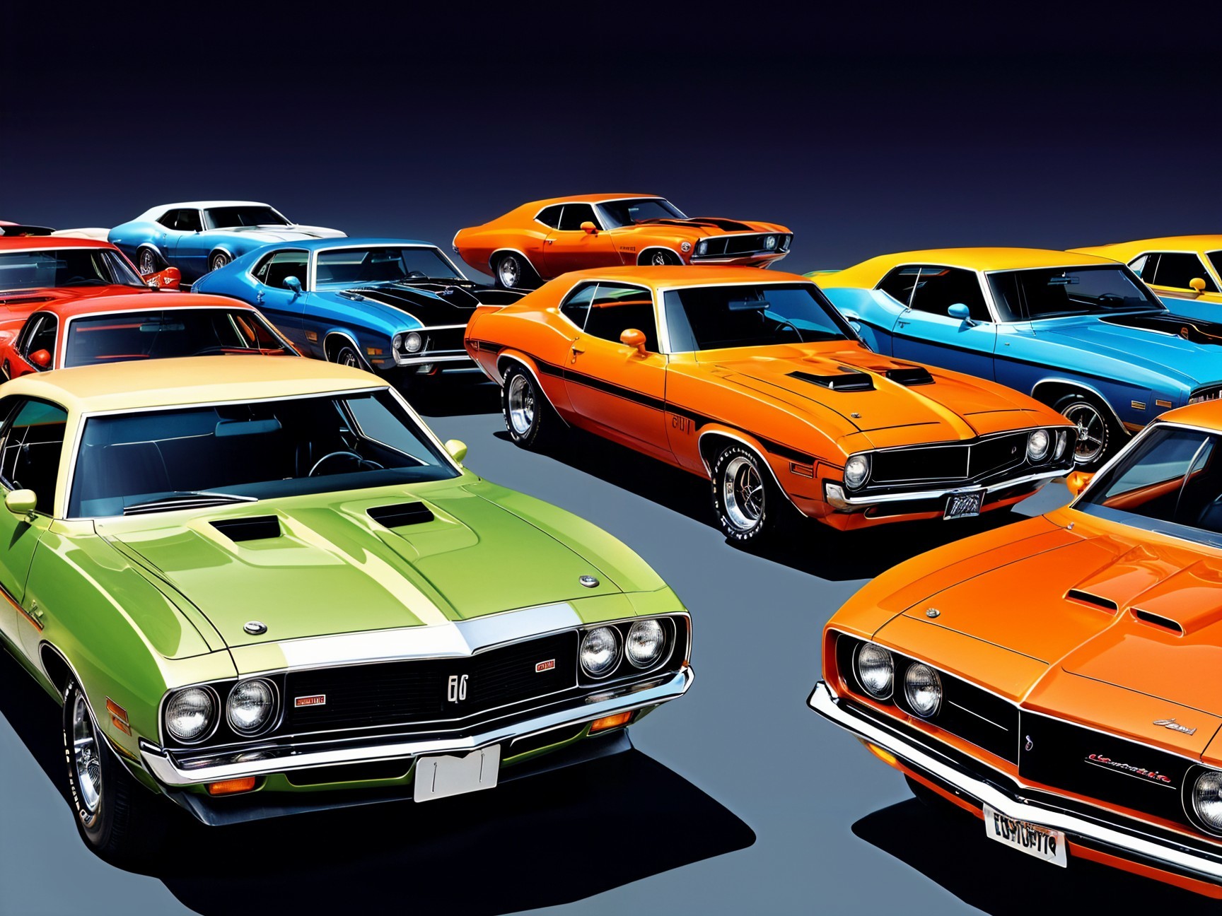 Classic Muscle Cars in Bold Colors Against Dark Background