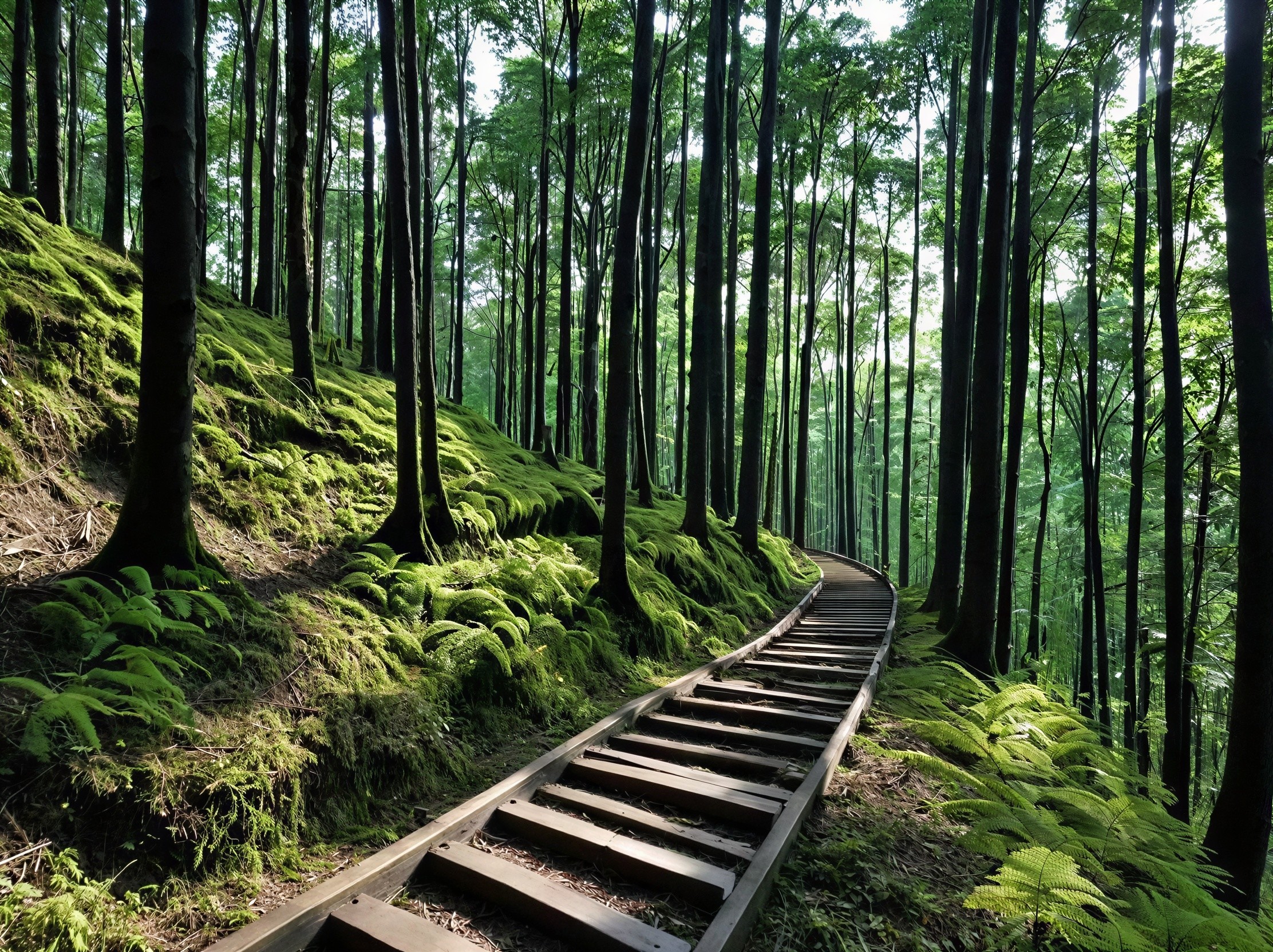 Wooden Steps on Mossy Hill in Dense Forest