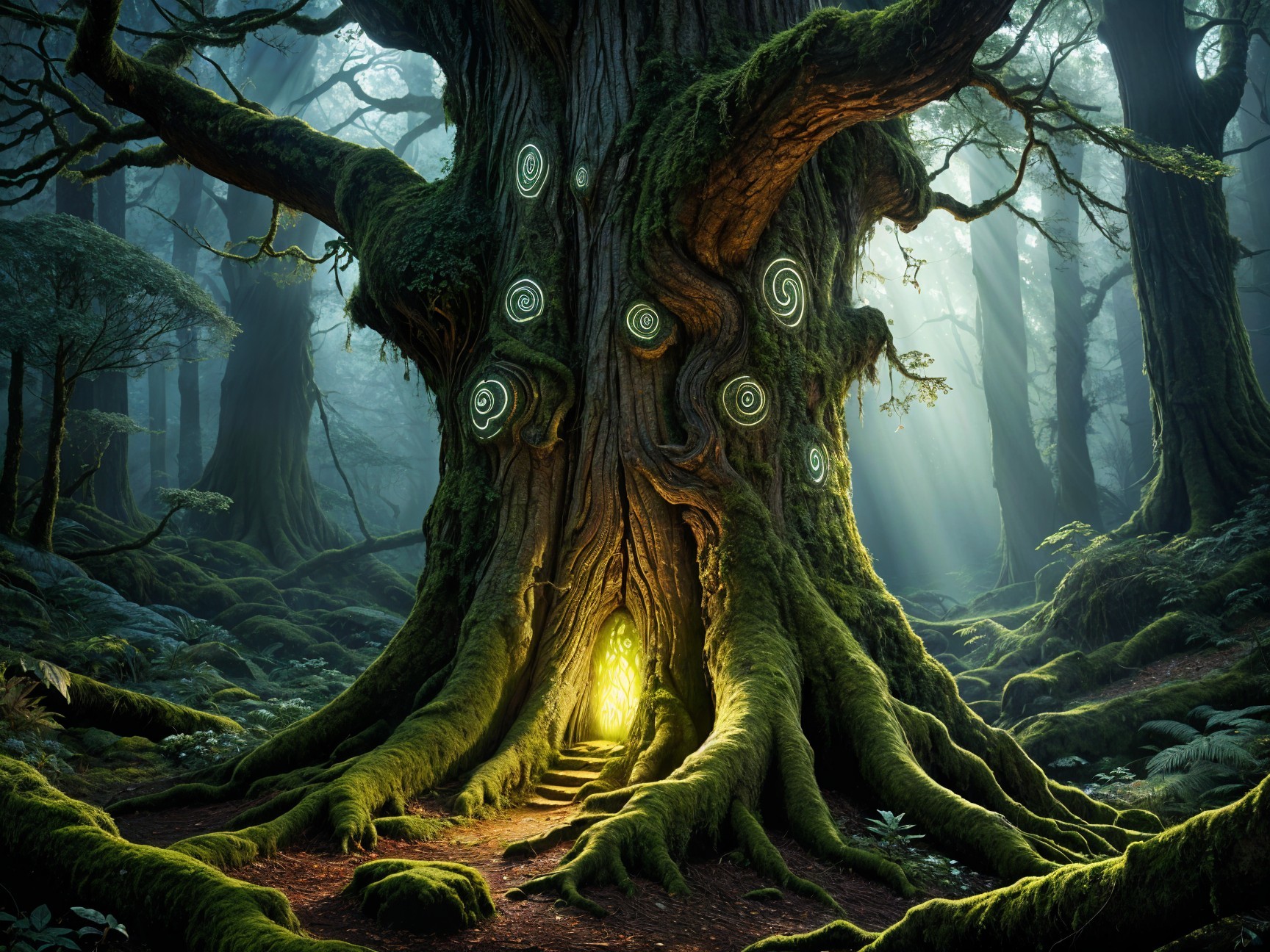 Ancient Tree with Glowing Symbols in Mystic Forest