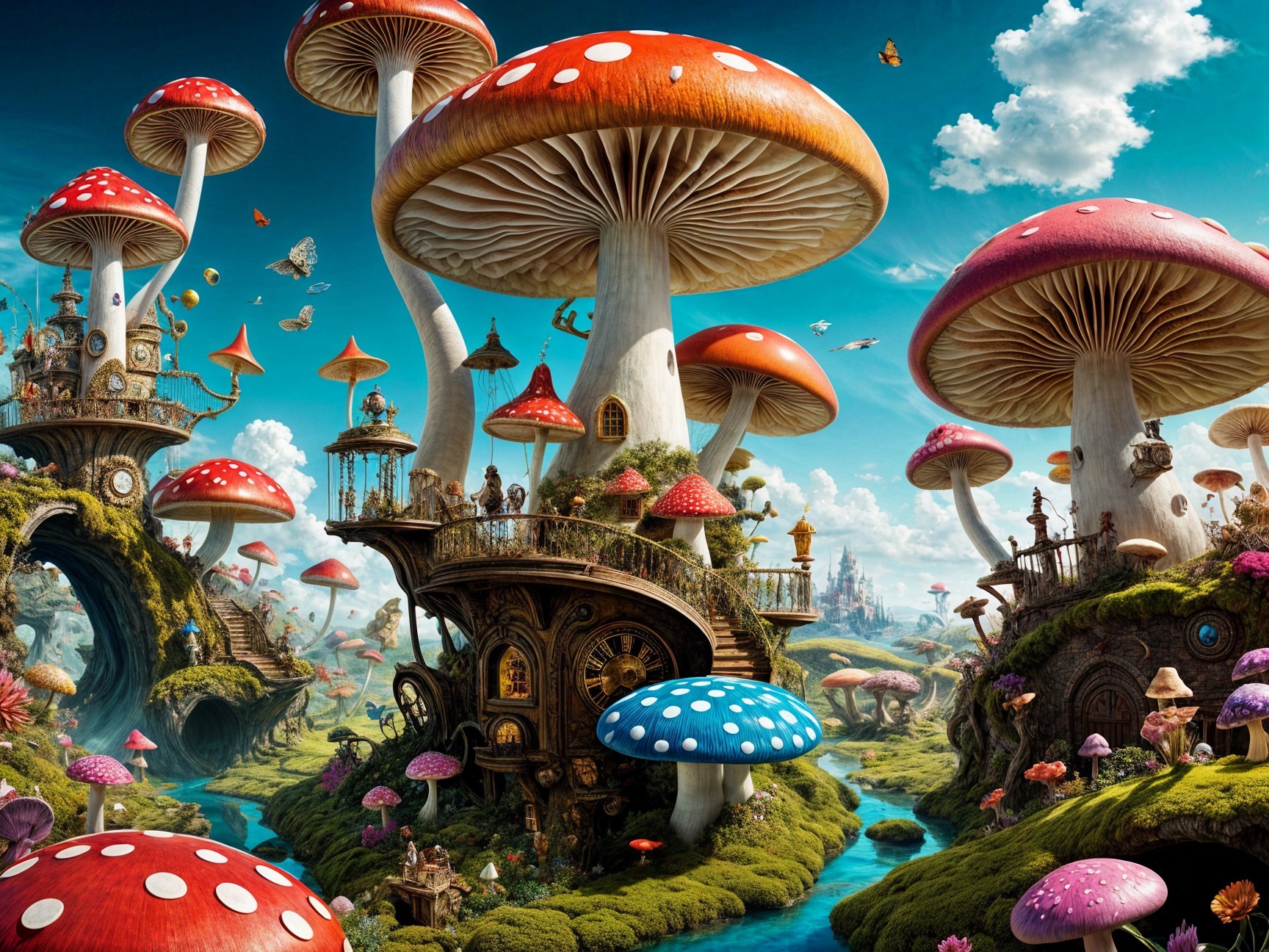 Whimsical Landscape with Oversized Colorful Mushrooms