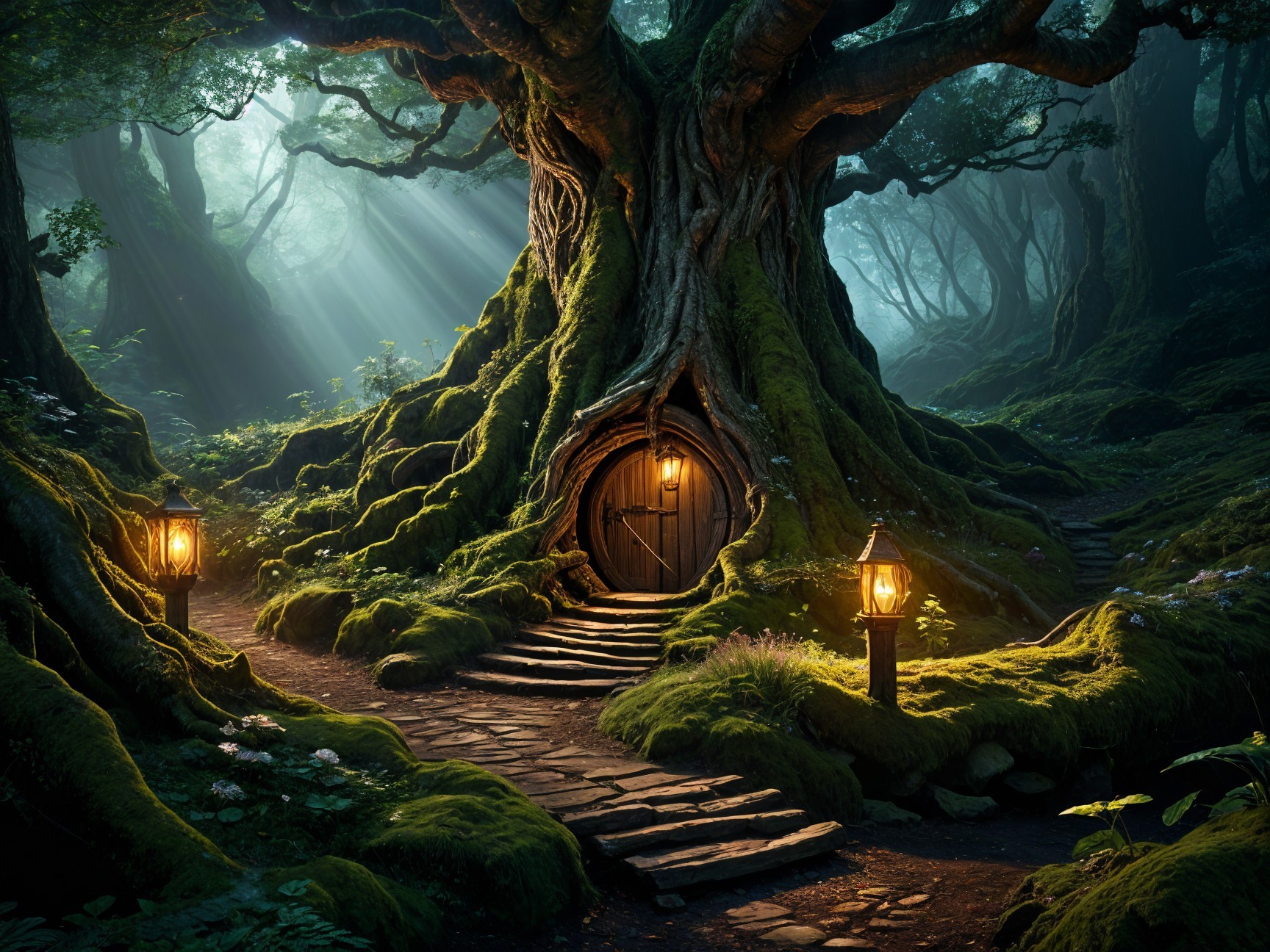 Ancient Tree in a Mystical Forest with Lanterns
