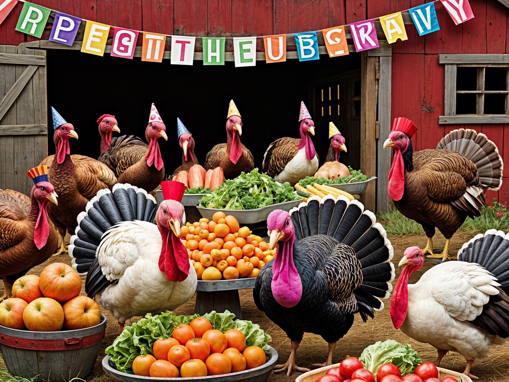 Turkeys in Party Hats Amidst Harvest and Barn Scene