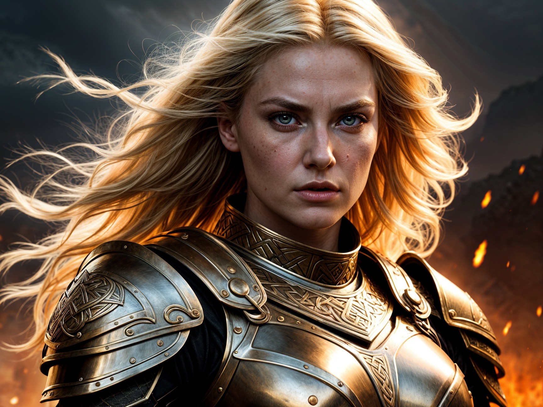 Blonde Warrior in Golden Armor Against Dramatic Landscape