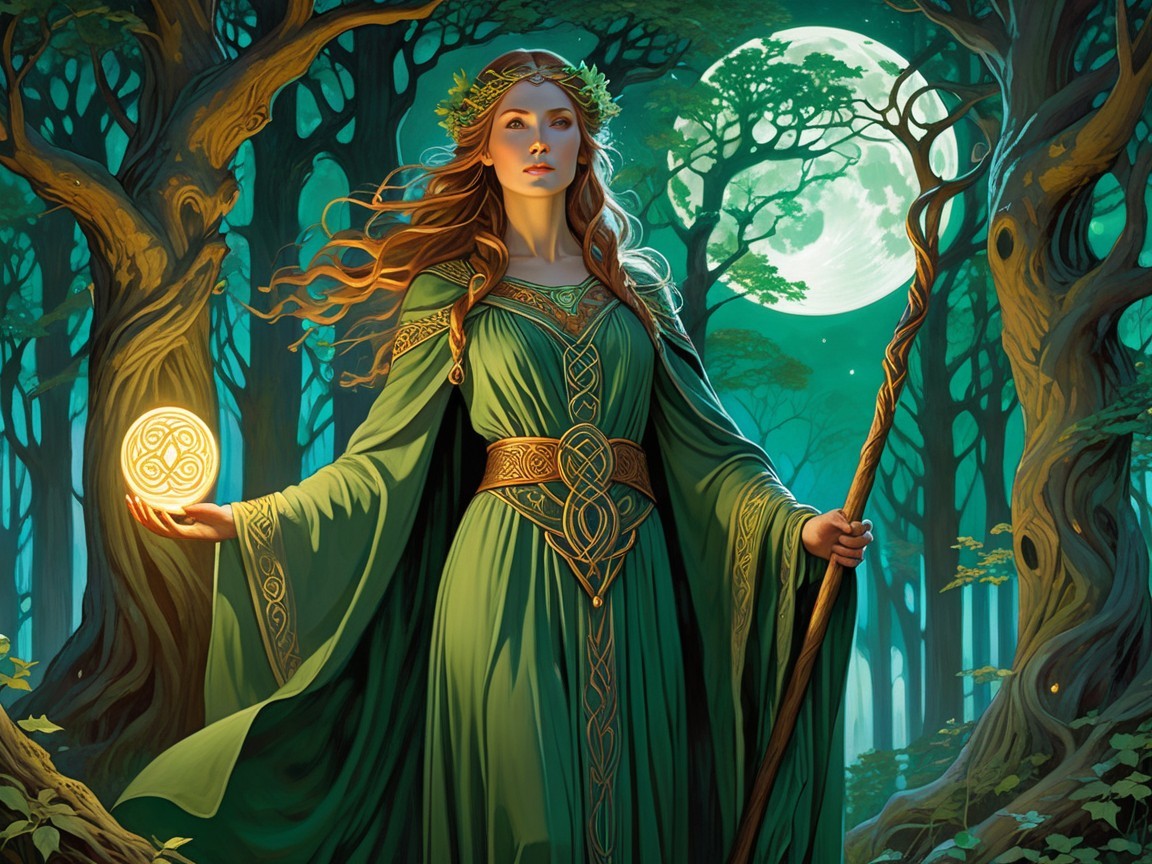 Mystical Forest Scene with Serene Female Figure