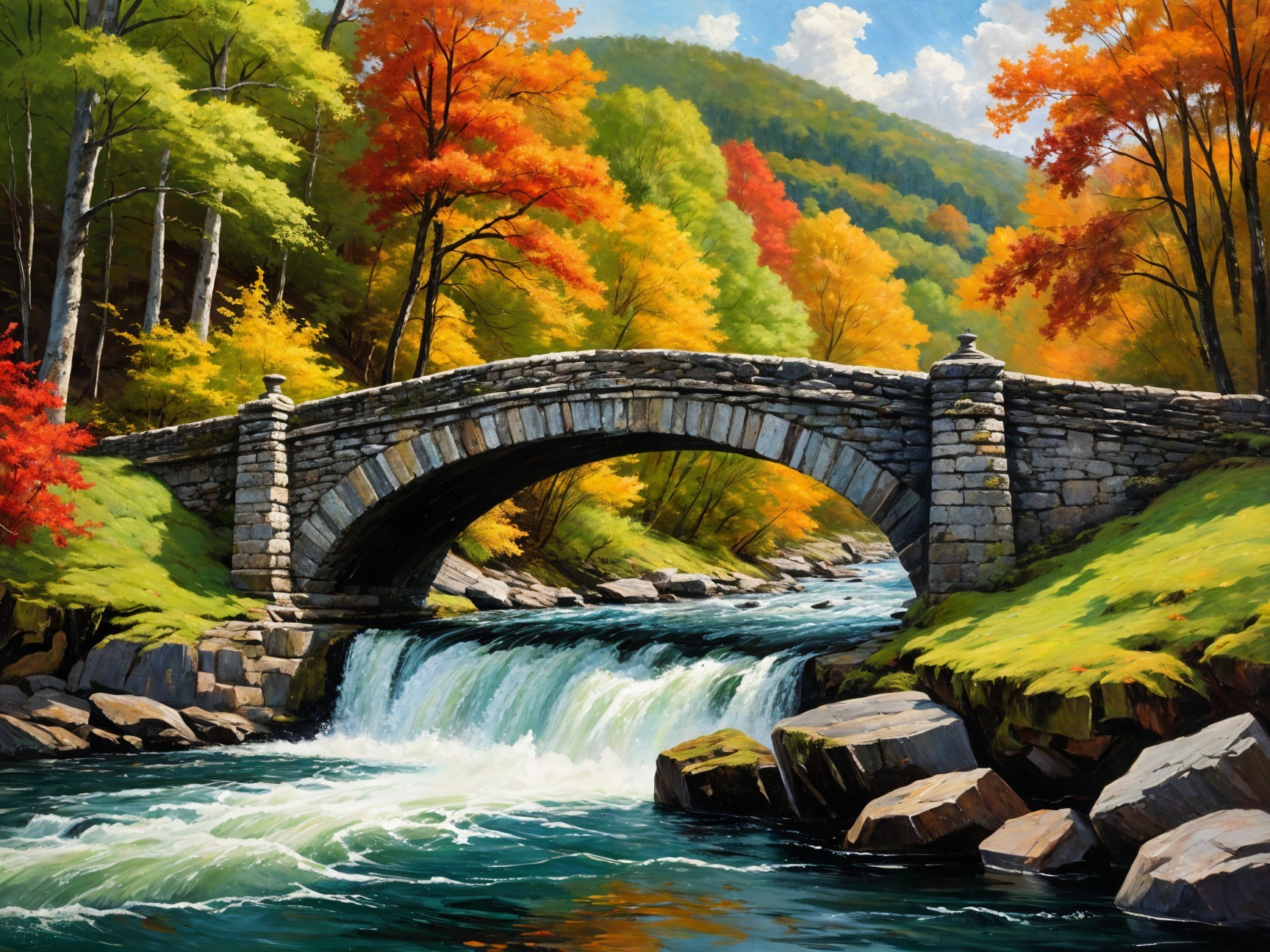 Stone Bridge Over River with Autumn Foliage