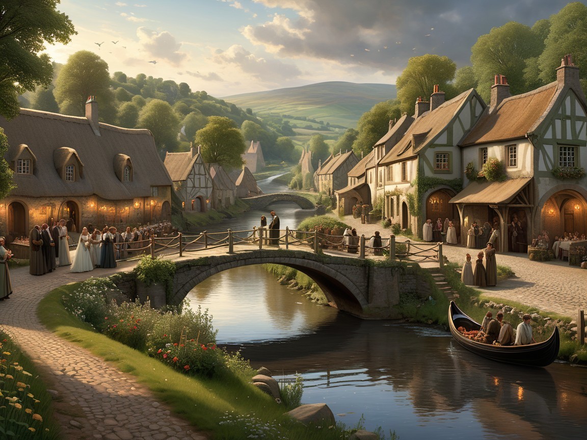 Charming Village with Thatched Cottages and River