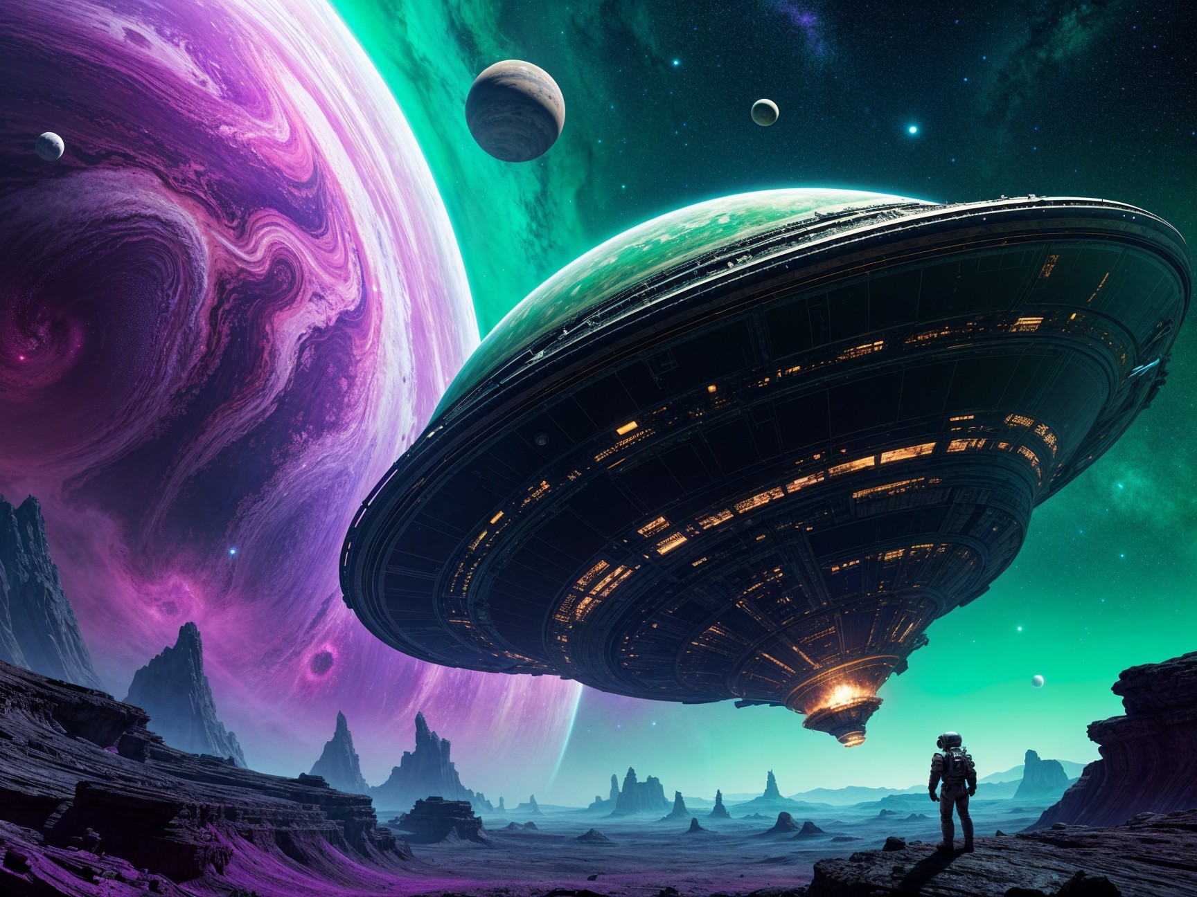 Futuristic Landscape with Illuminated Spaceship and Astronaut