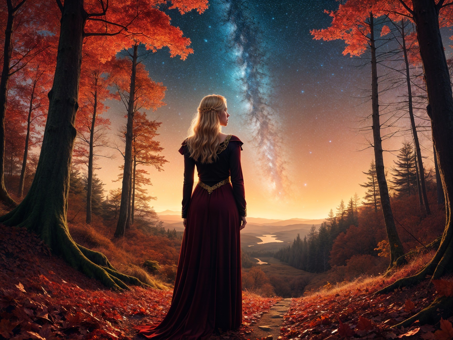 Woman in Red Gown in Autumn Forest Under Starry Sky