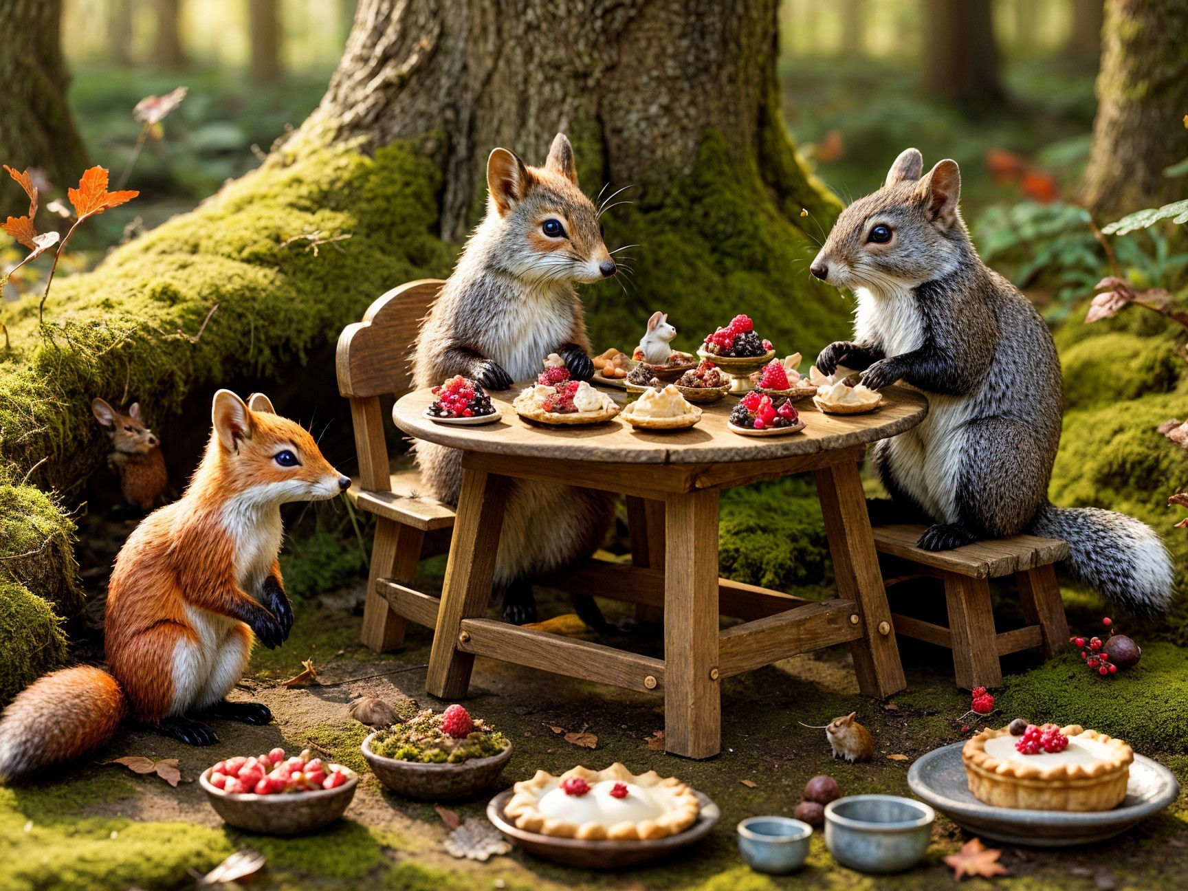 Squirrels Enjoy Pastries in Woodland Setting