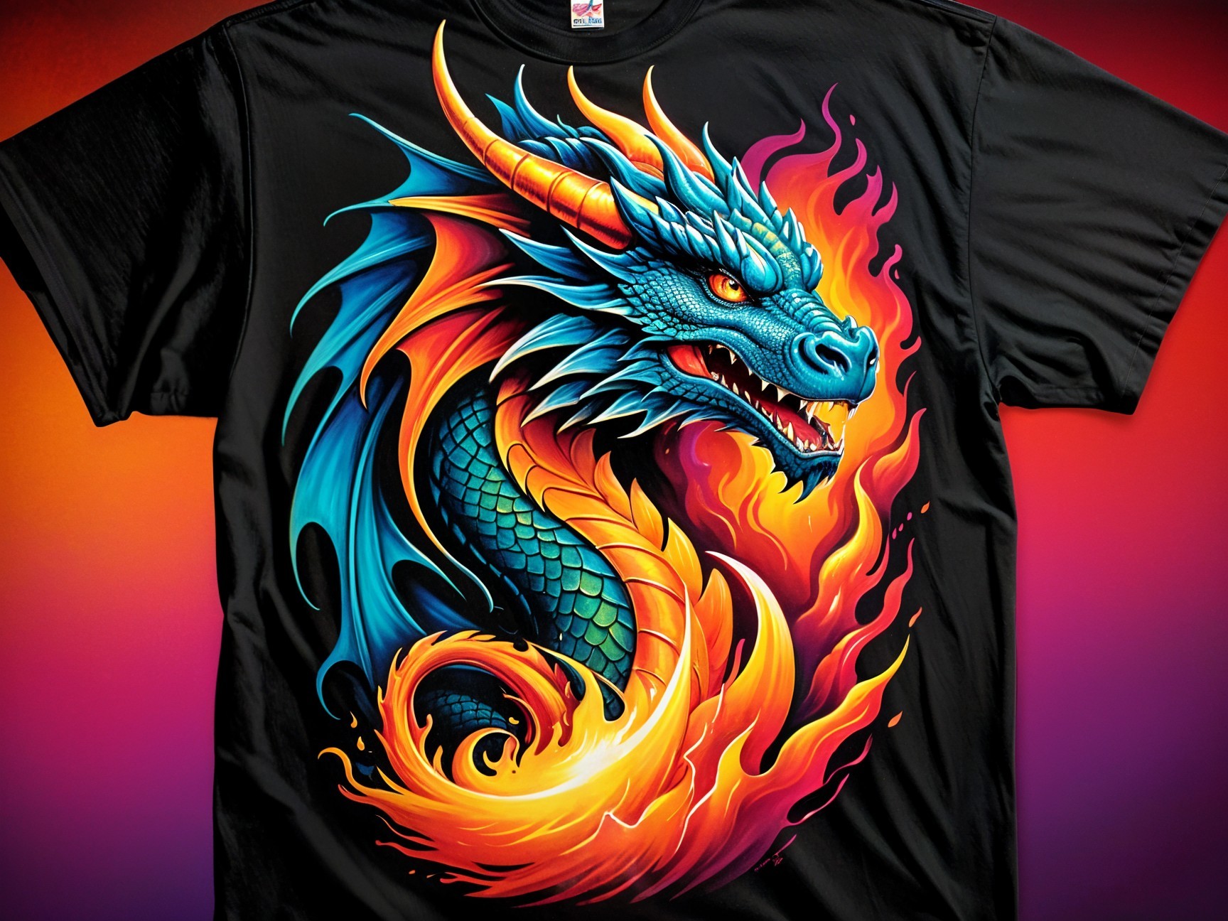 Vibrant black t-shirt with fierce dragon design