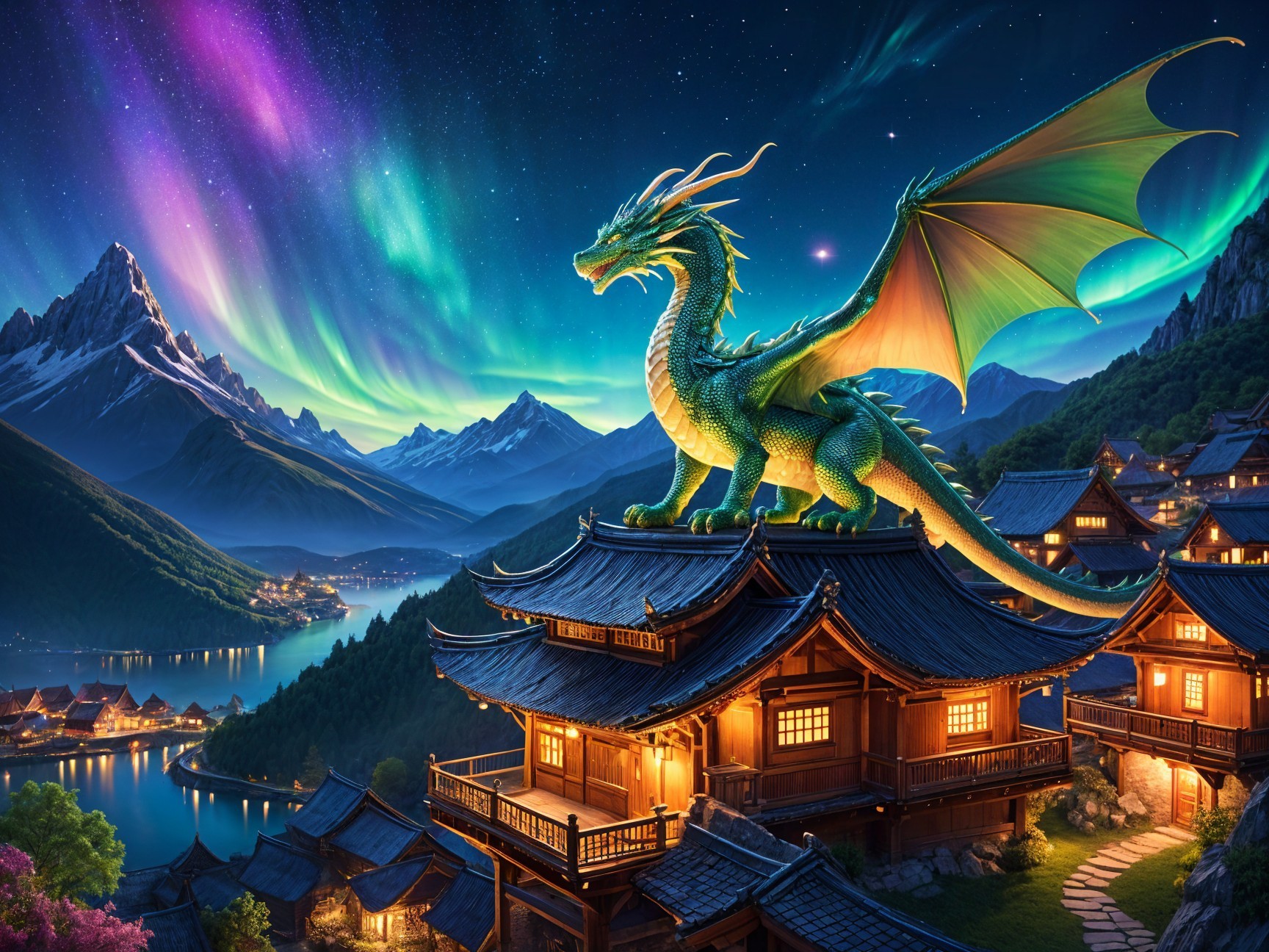 Majestic Green Dragon Overlooks Serene Village Scene